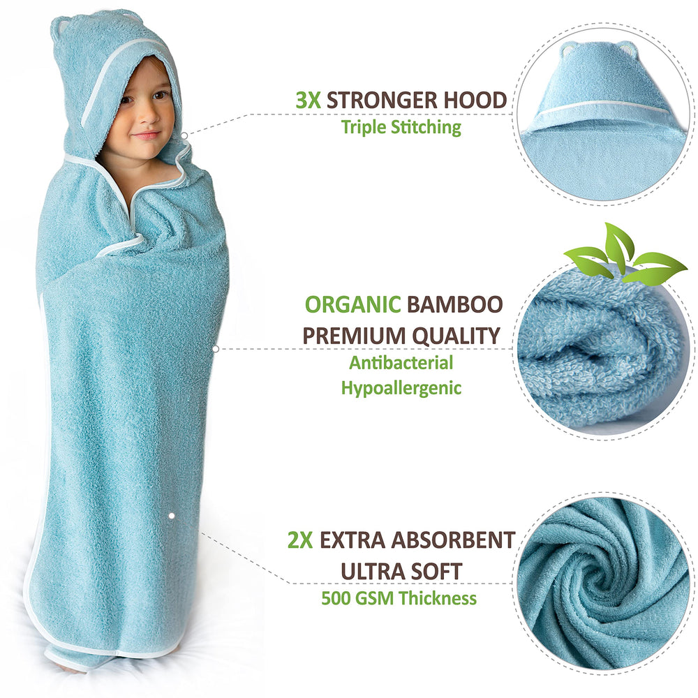 Warm Cuddles hooded towel blue side view shows cozy warmth and quick-drying performance.