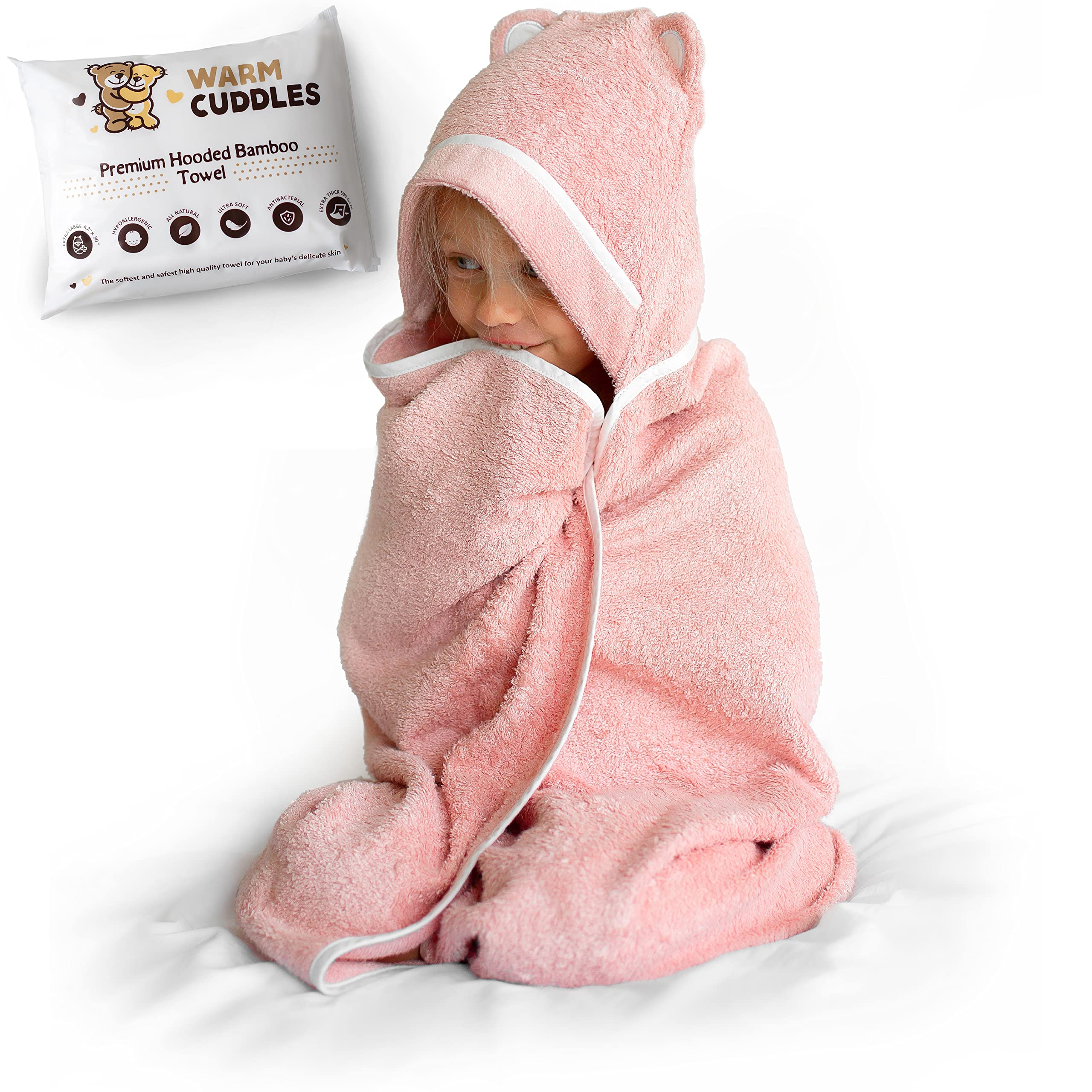 Warm Cuddles hooded pink towel close-up showing ultra-soft bamboo rayon for cozy post-bath snuggles