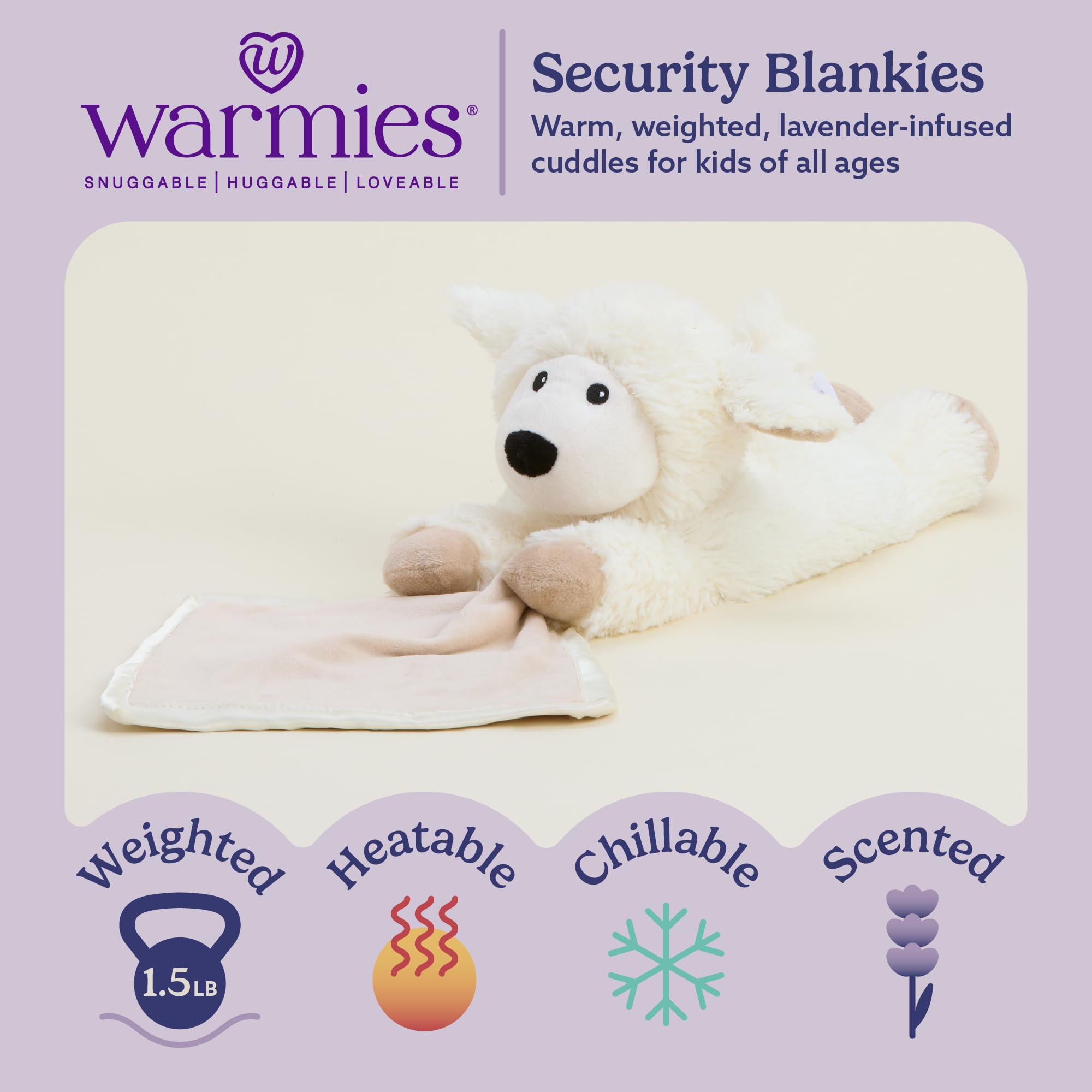 Warmies sheep blankie weighted plush delivers gentle compression for comforting snuggles.