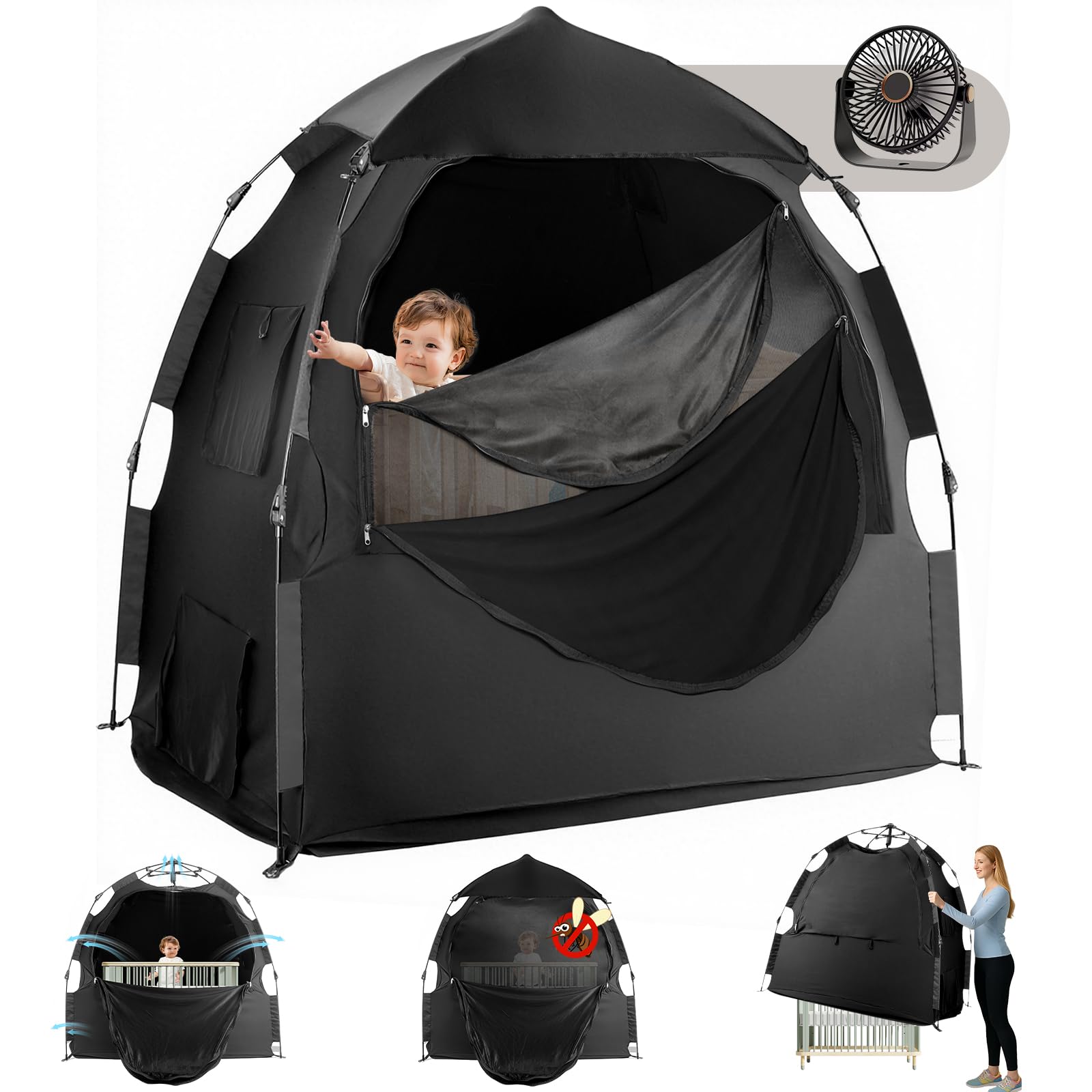 Warmoasis black-out tent for pack-and-play setup shows a quick, clutter-free sleep space.