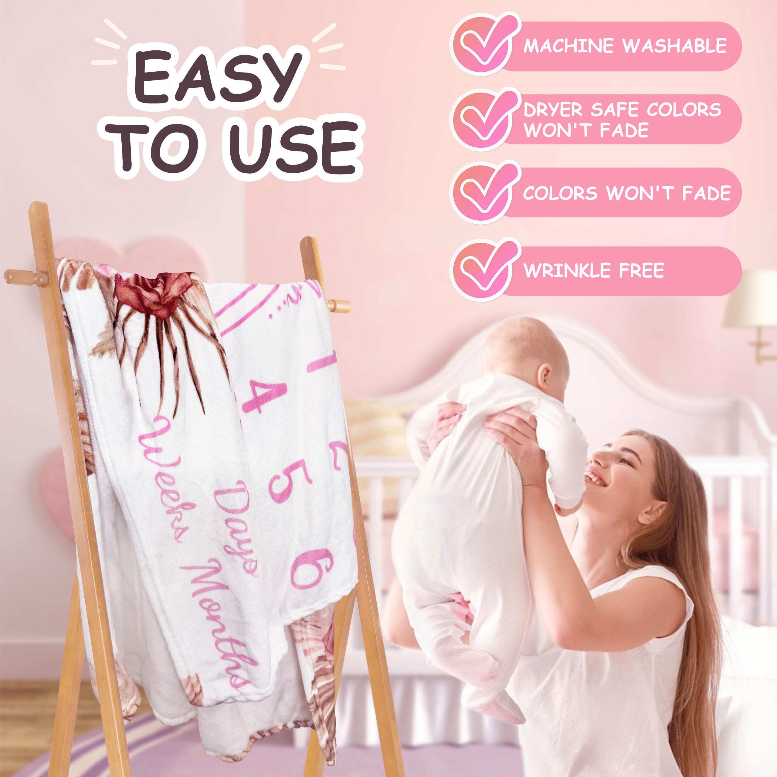 Warmther baby monthly milestone blanket 40x50 size clearly demonstrates generous coverage.