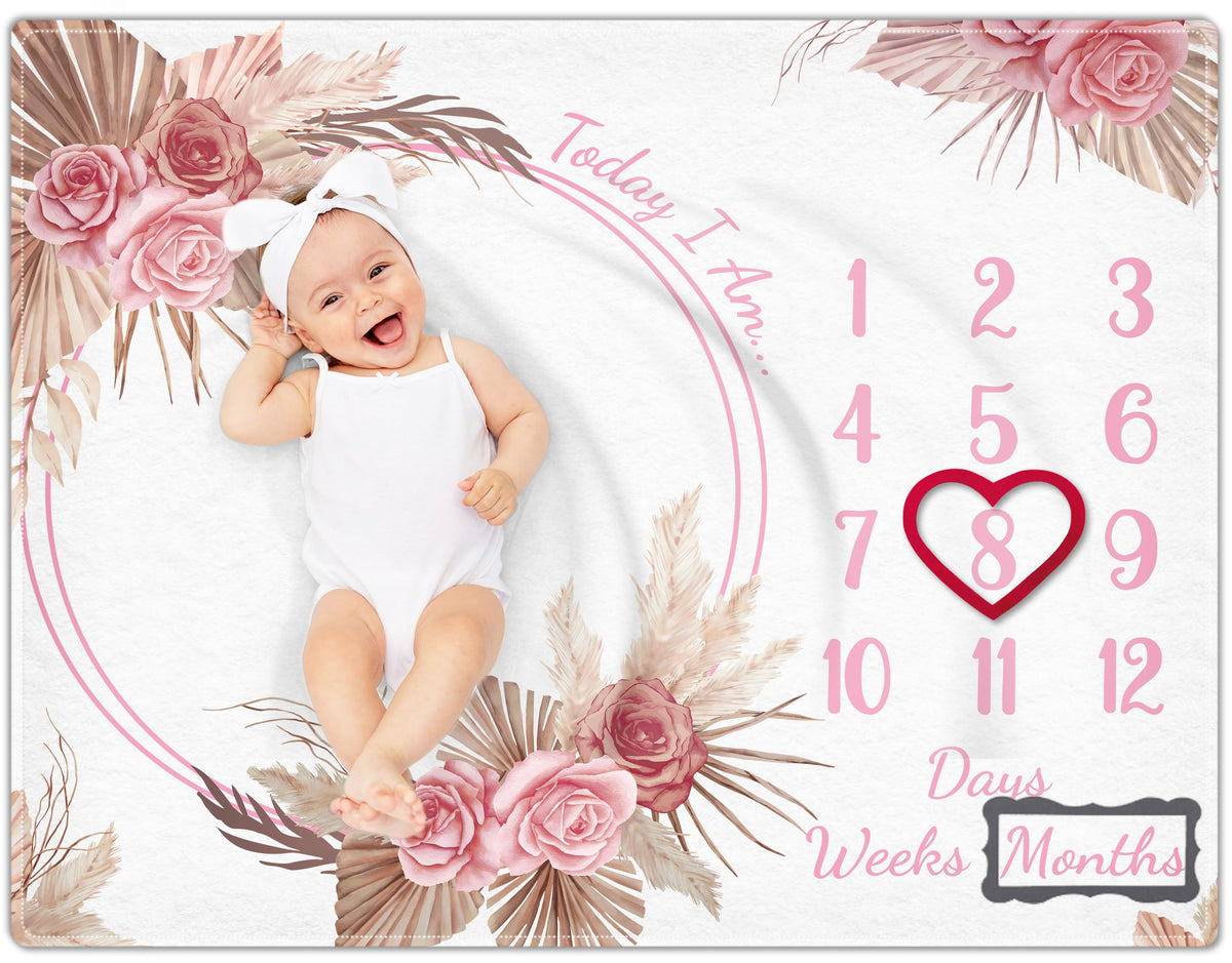 Warmther baby monthly milestone blanket floral boho closeup highlights cozy texture for photos.