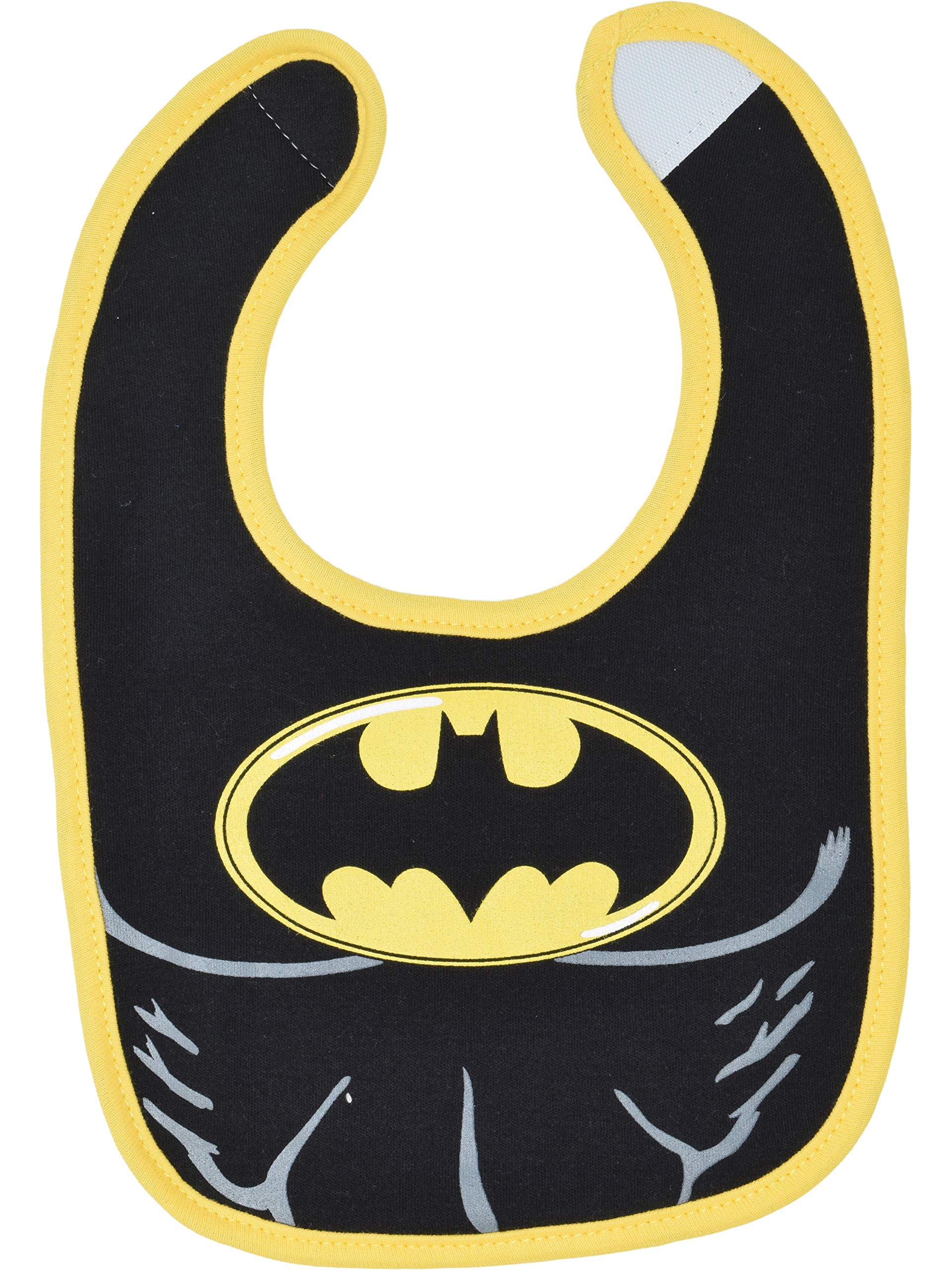 Warner Bros Justice League bibs closeup stitching highlighting durable rib-knit edges.