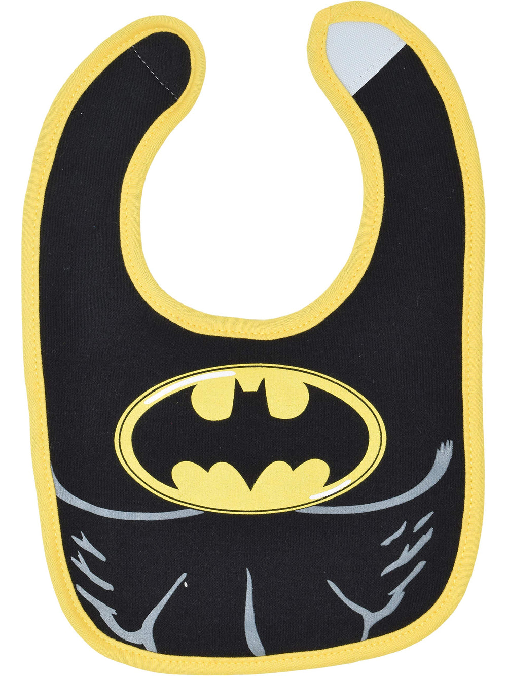 Warner Bros Justice League bibs closeup stitching highlighting durable rib-knit edges.