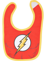 Warner Bros Justice League bibs with The Flash hero art for engaging mealtime moments.