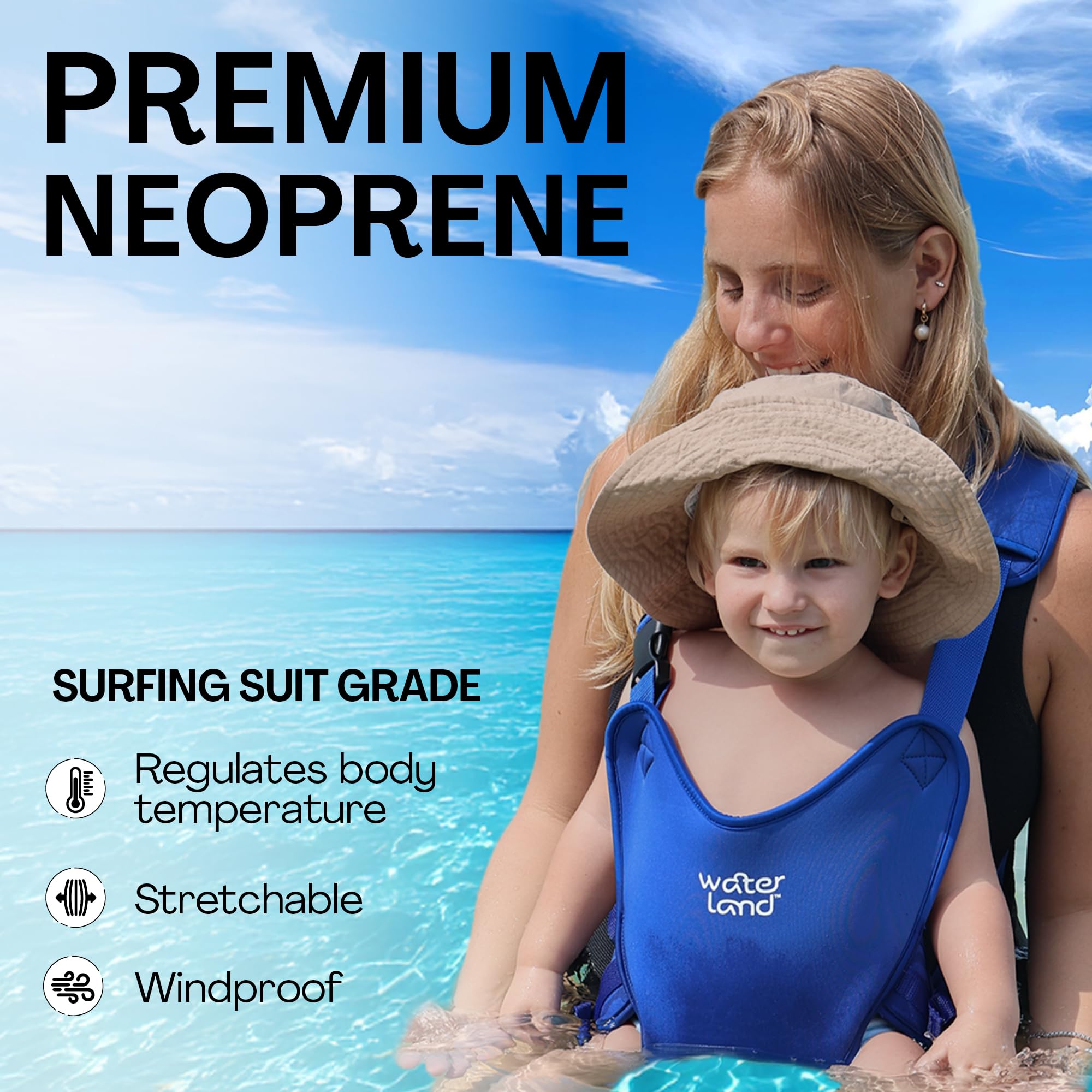 WaterLand tee-wear-style baby carrier worn as a shirt for quick closeness.