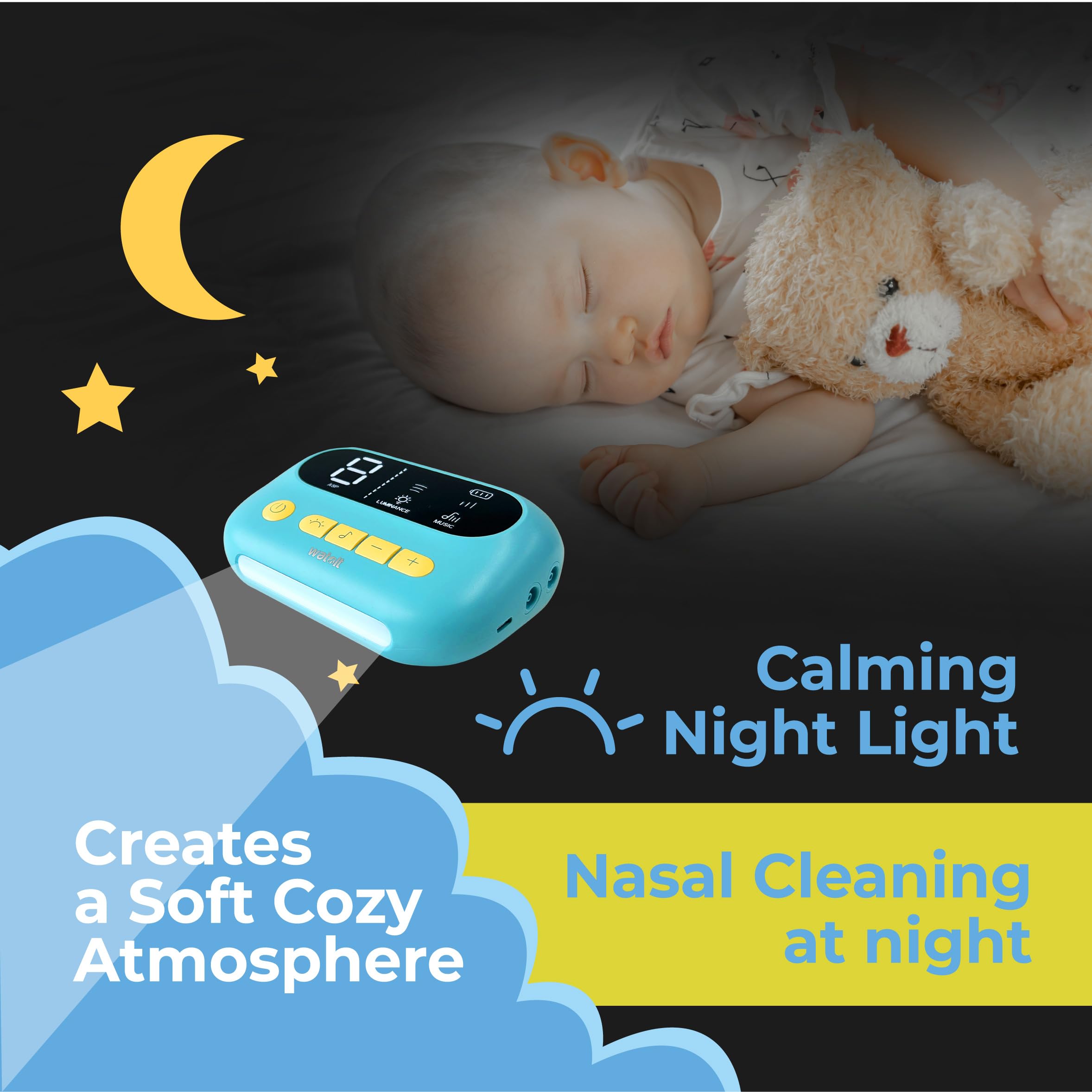Watolt HappyNose built-in music helps keep infants calm during cleaning.