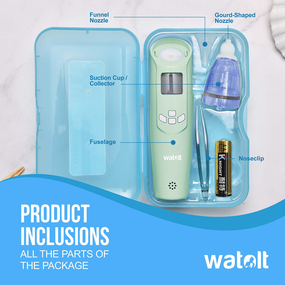 Watolt baby nasal aspirator emits soothing music to comfort infants.
