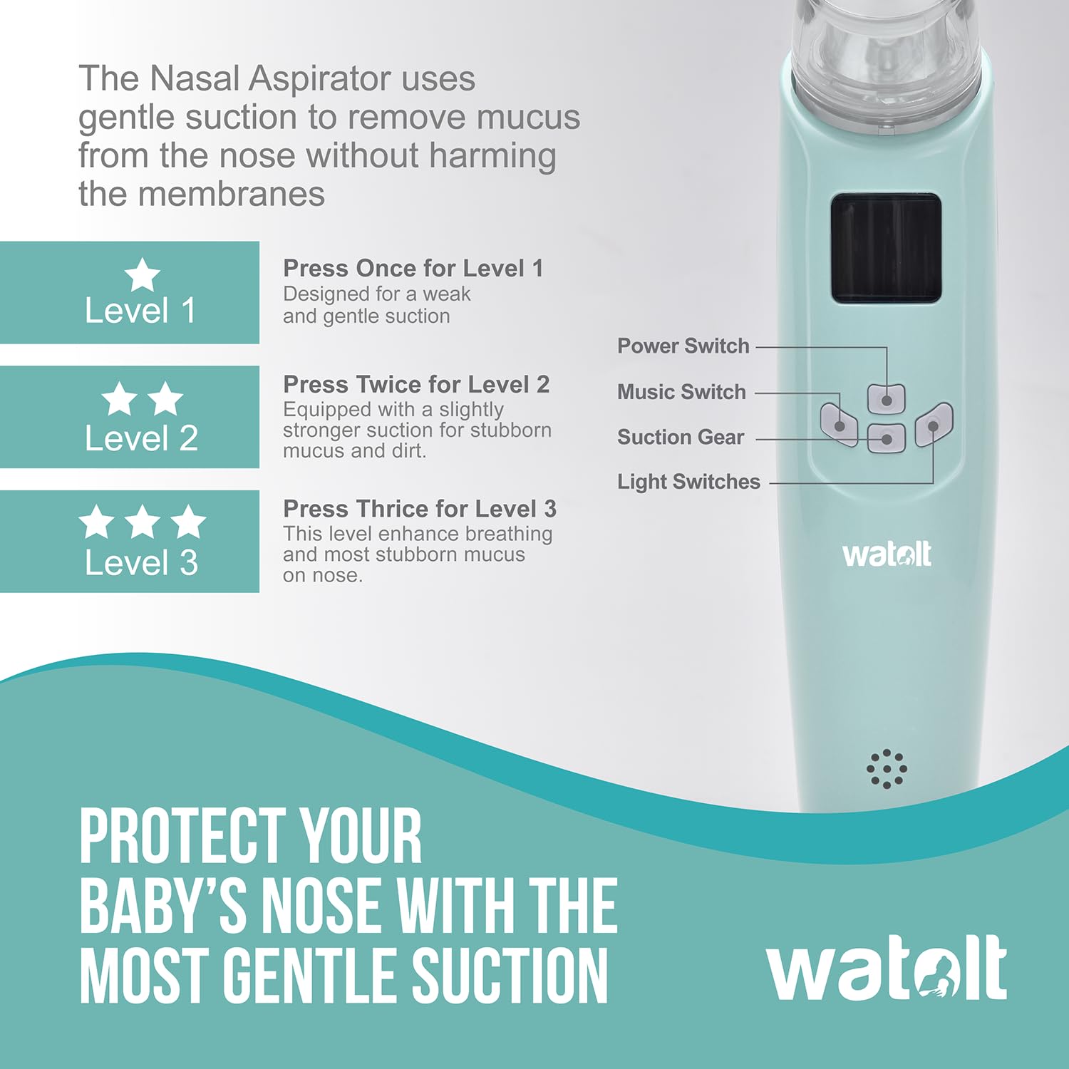 Watolt baby nasal aspirator offers three suction levels for customized comfort.
