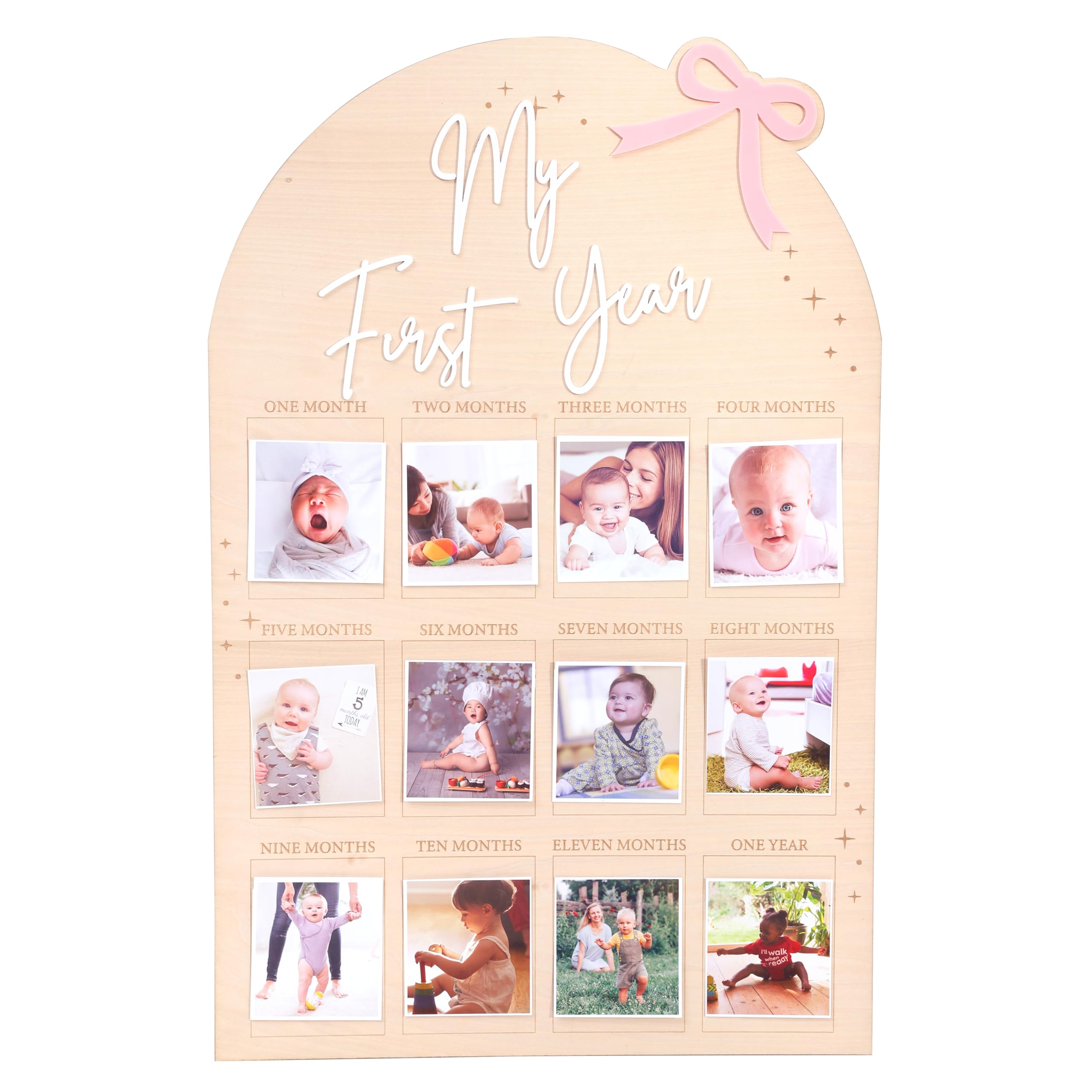 WAUAO Bow First Year Birthday Board closeup showing carved wood detail for nursery decor