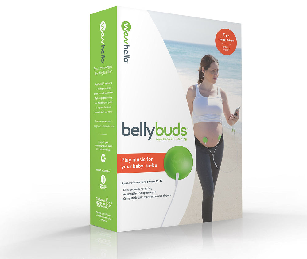 Wavhello BellyBuds shown with Bluetooth receiver for wireless play.