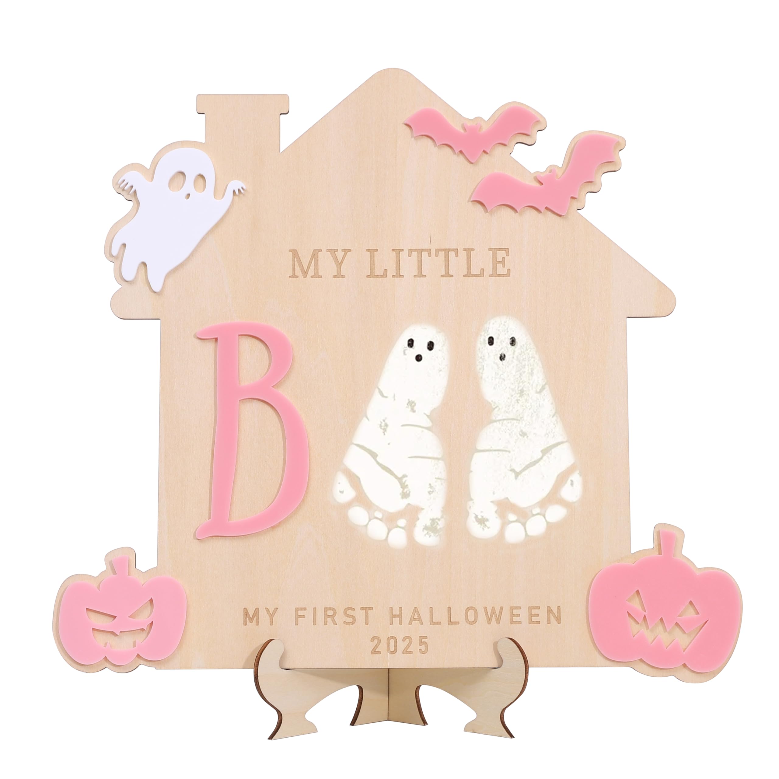 WAWUO My Little Boo Footprint Sign pink close-up keepsake for baby's first Halloween.
