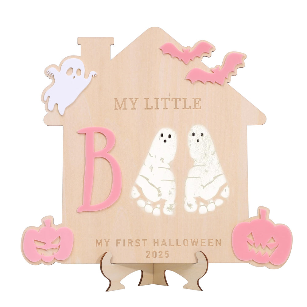 WAWUO My Little Boo Footprint Sign pink close-up keepsake for baby's first Halloween.