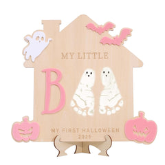 WAWUO My Little Boo Footprint Sign pink close-up keepsake for baby's first Halloween.