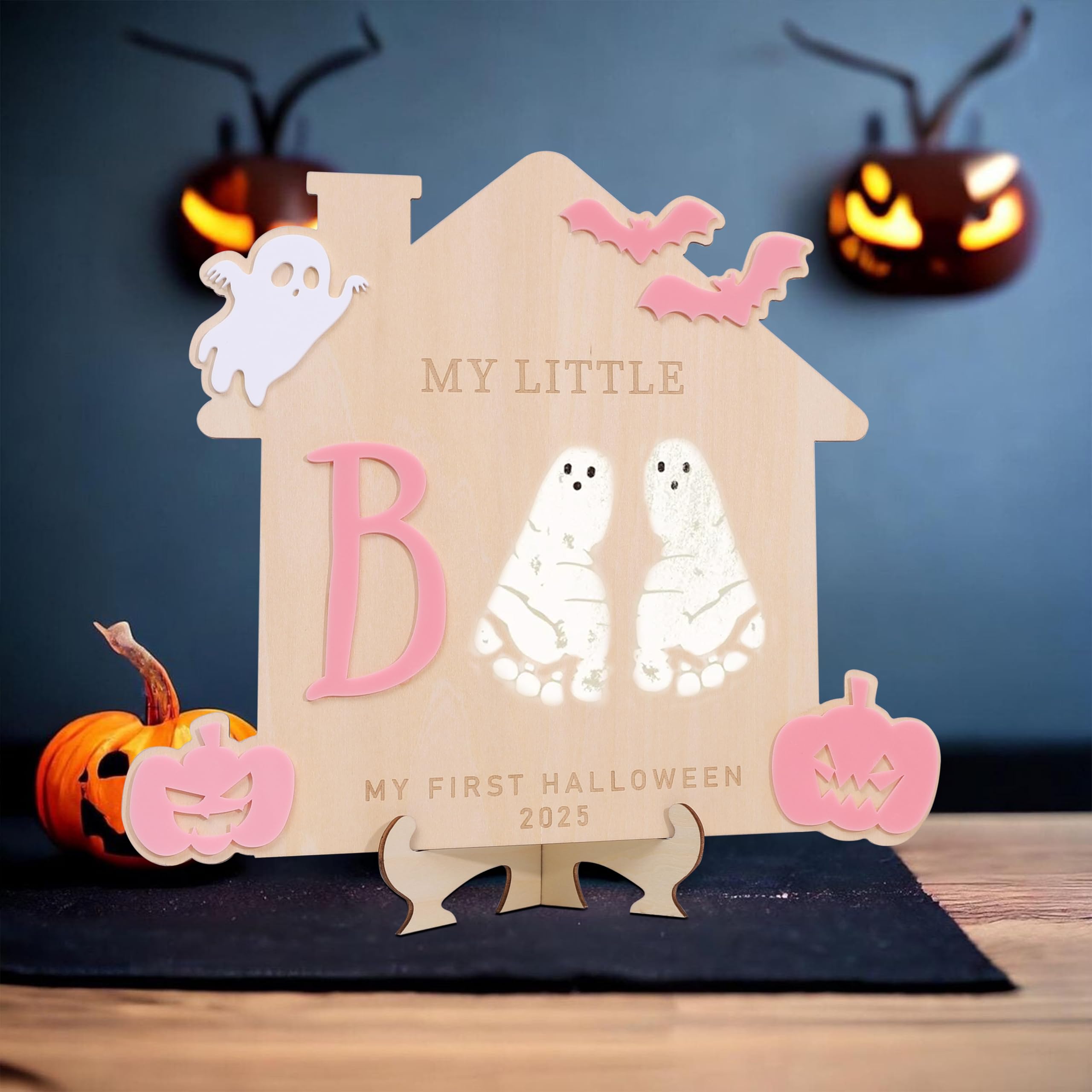 WAWUO Pink-edged wood sign highlights engraving and My Little Boo theme.