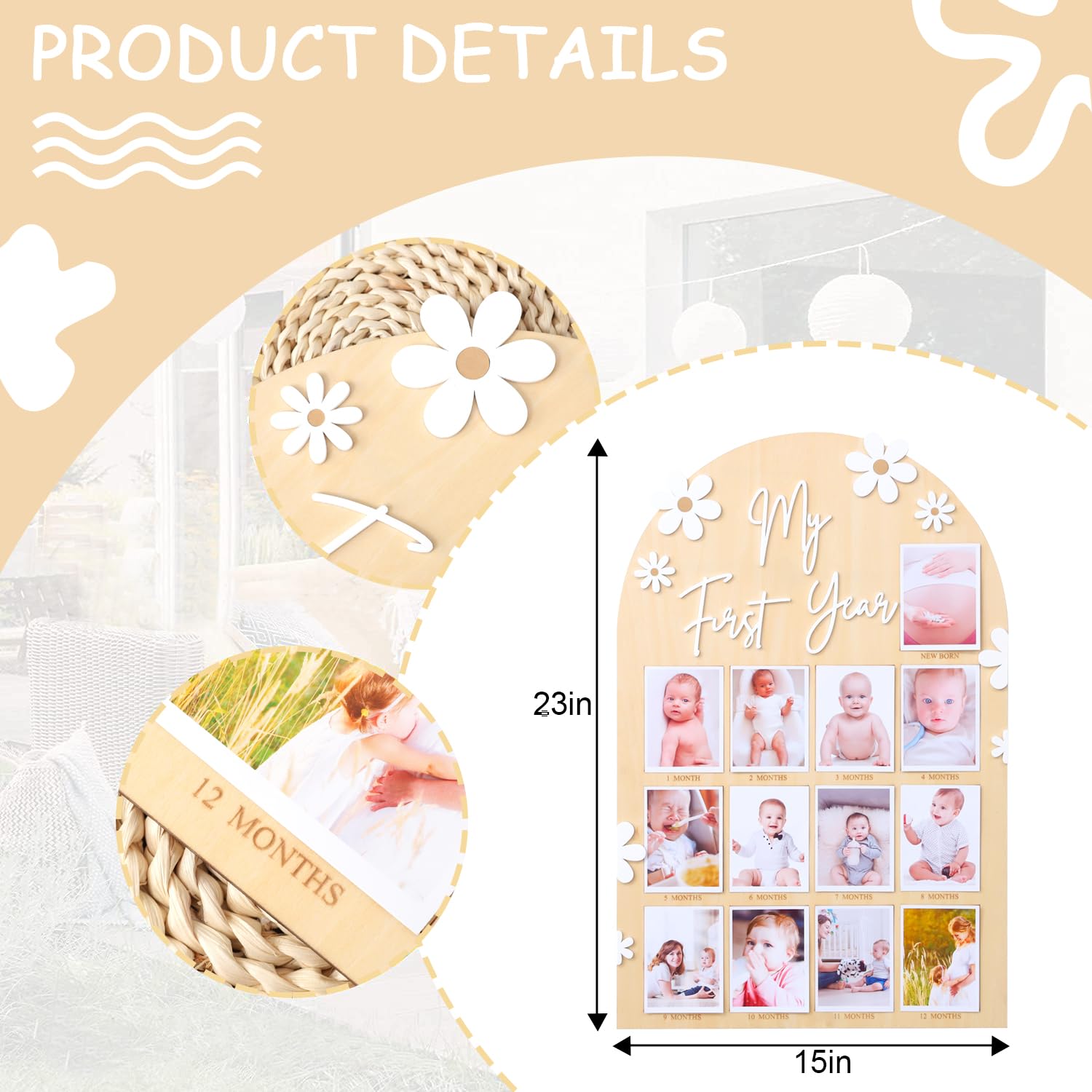 WAWUO 1st Year Photo Board monthly setup shows baby growth milestones for keepsake.
