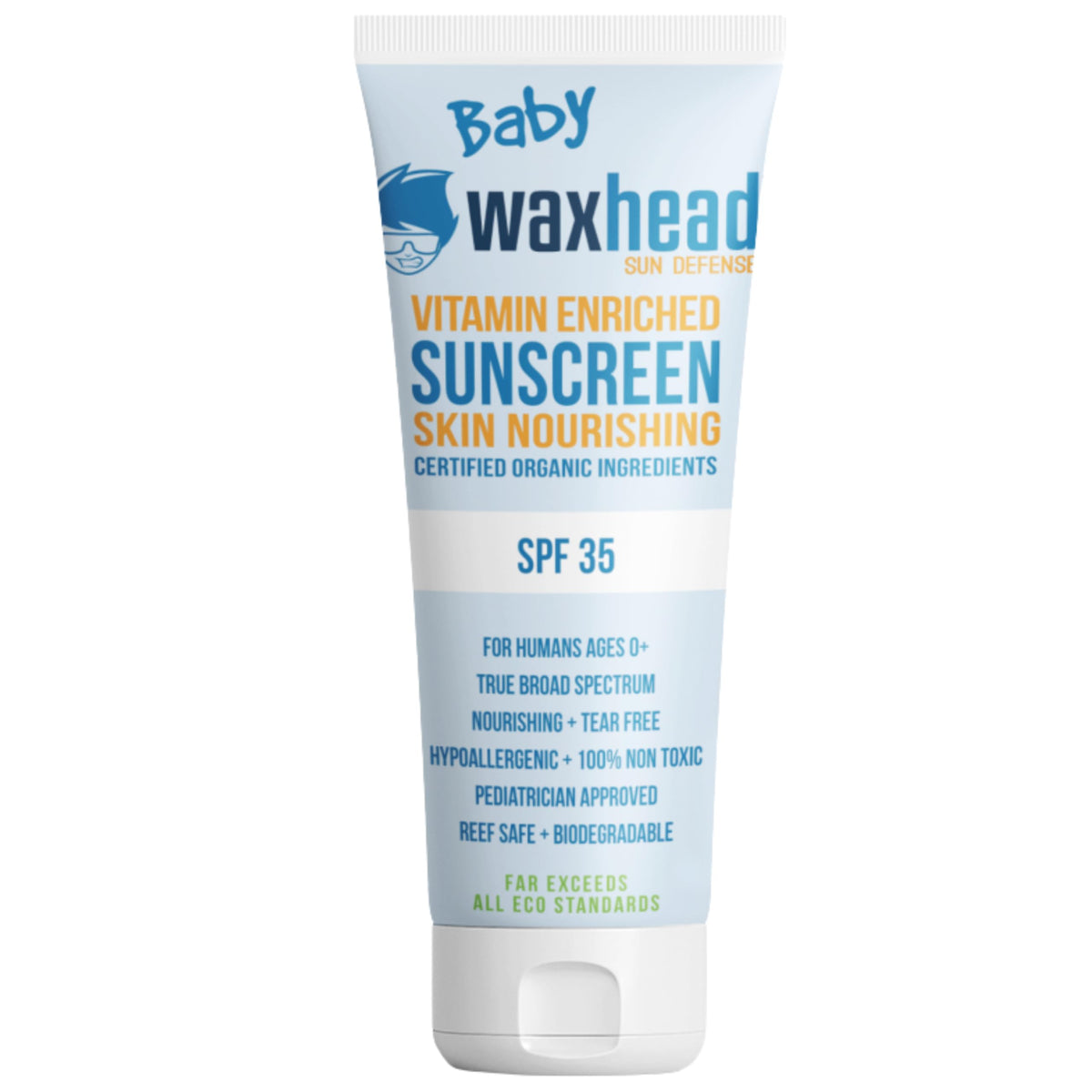 Waxhead baby sunscreen tube showing non-nano zinc protection