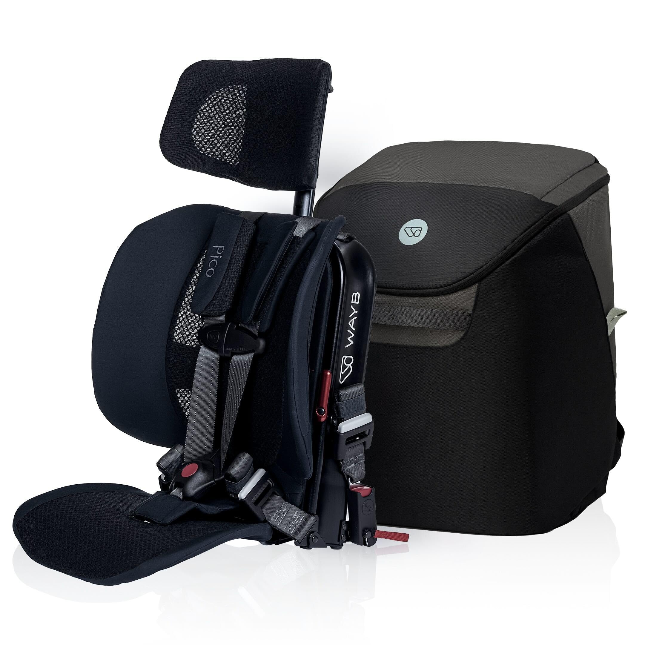 WAYB Pico travel seat folded compactly for overhead-bin storage and easy transport