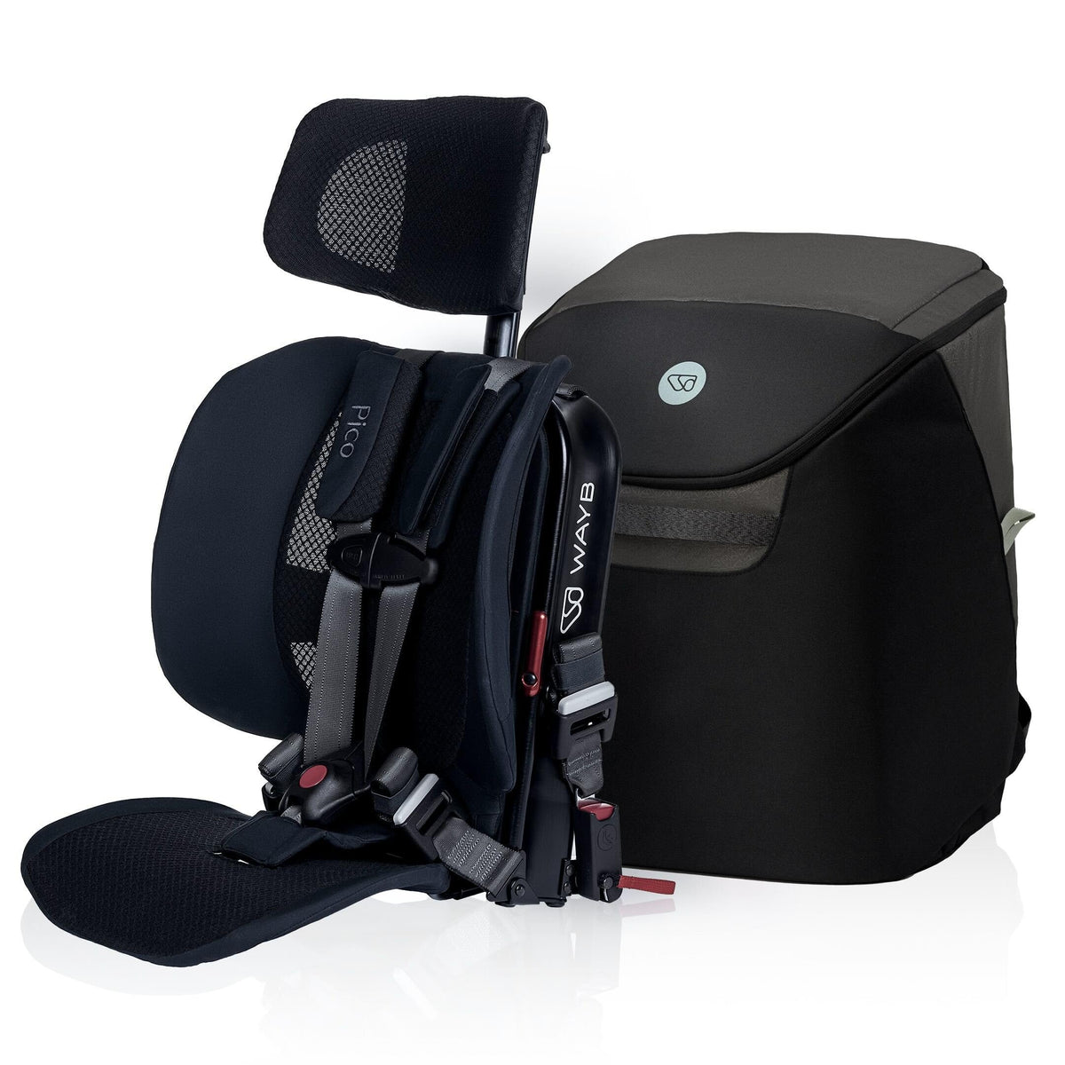 WAYB Pico travel seat folded compactly for overhead-bin storage and easy transport
