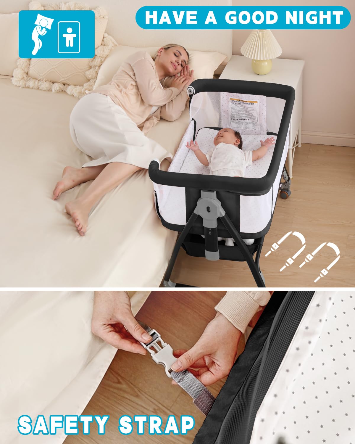Wayfong 6-height-adjustable-bassinet-black demonstrates adaptable height options for bedsides and comfortable positioning.