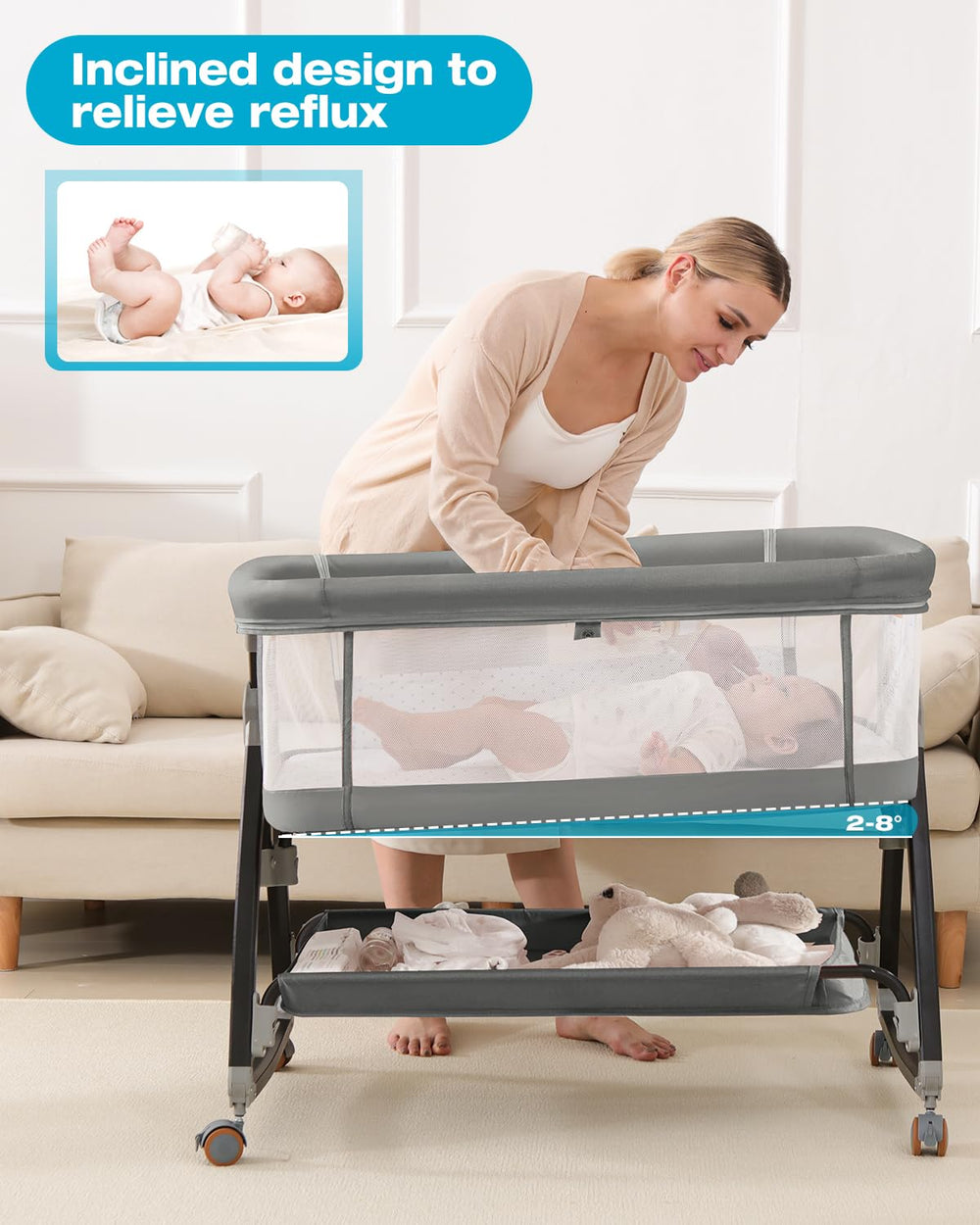 Wayfong bassinet with 6-height adjustable design aligning with your bed height