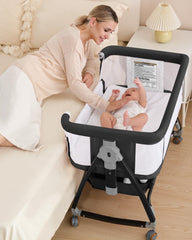 Wayfong bassinet mesh-breathable black emphasizes breathable mesh for airy sleep and easy monitoring.