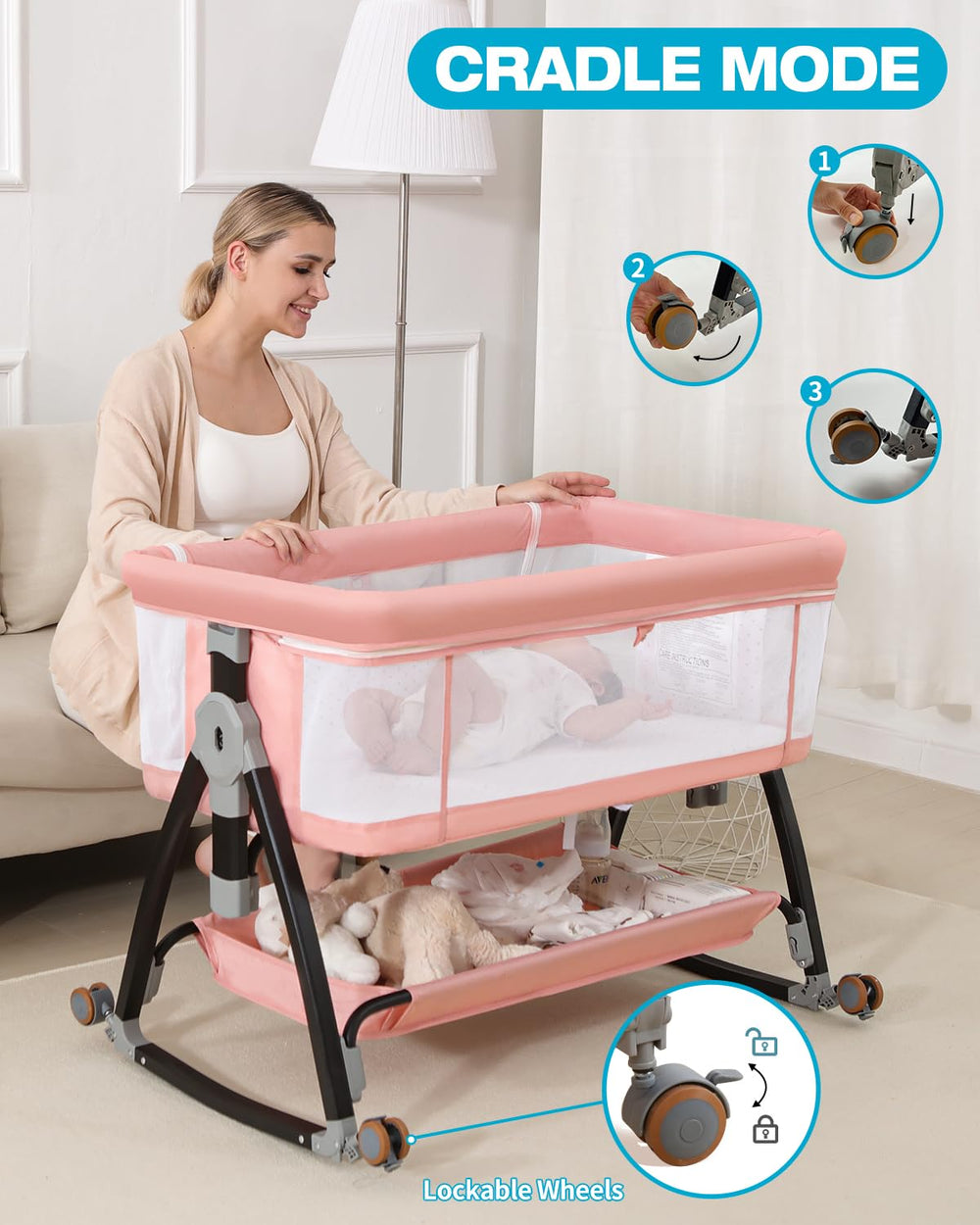 Wayfong bedside bassinet pink height adjusters fit various bed heights for convenient access