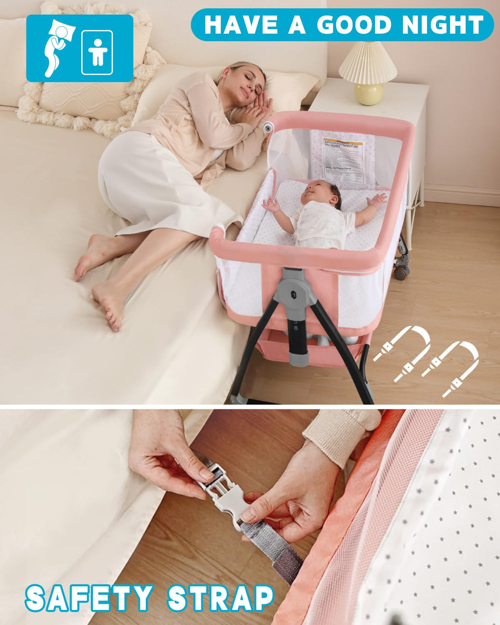 Wayfong bedside bassinet pink storage basket keeps baby essentials within reach