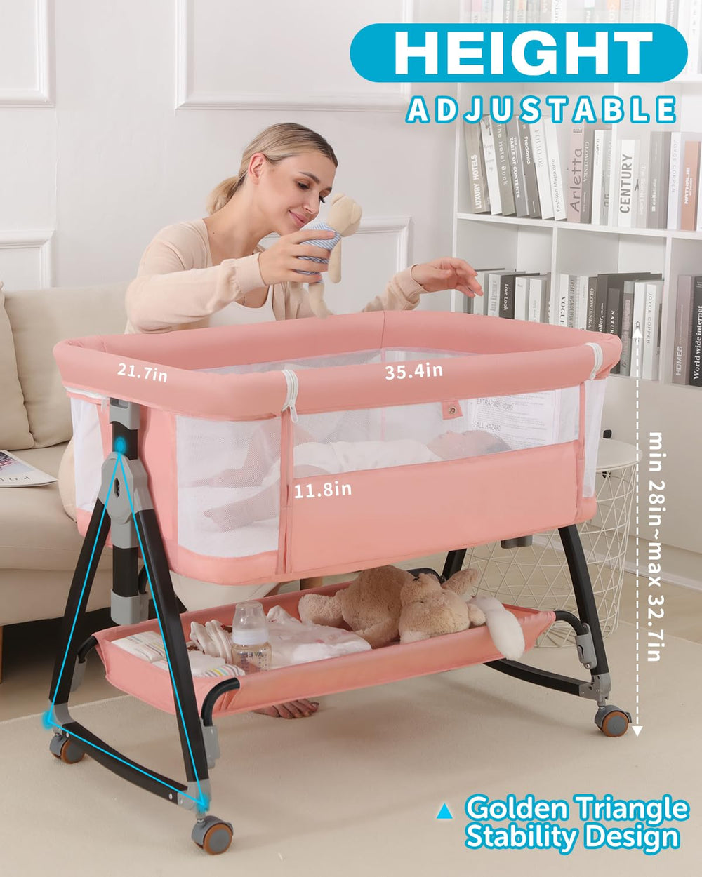 Wayfong bedside bassinet pink wheels enable smooth, silent movement around the nursery