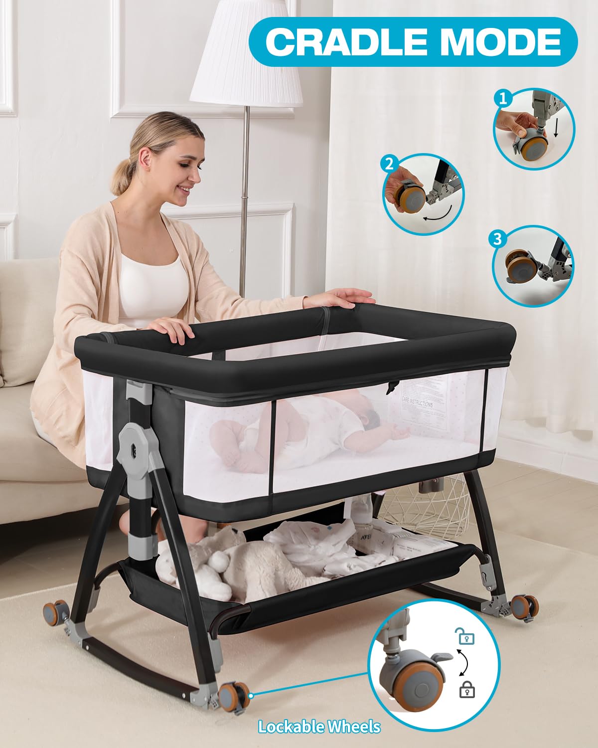 Wayfong mosquitoes-net-bassinet-black highlights protective netting for peaceful daytime naps and night sleep.