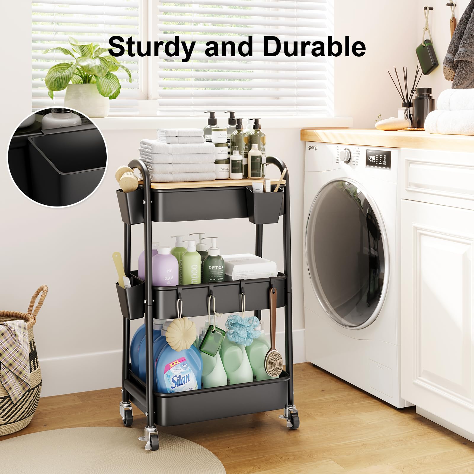 WBKATN black plastic cup holders on rolling cart keep items within reach.