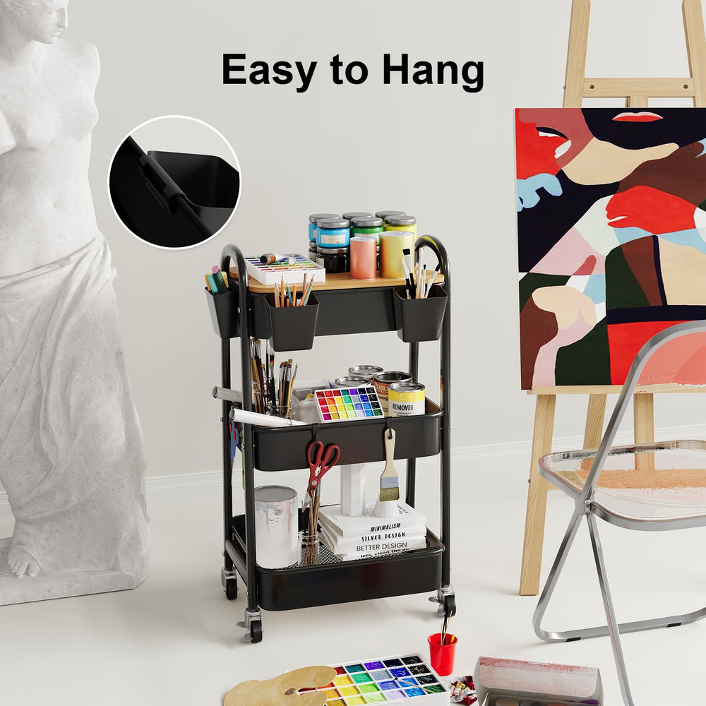 WBKATN hanging cups and hooks on cart simplify organization during tasks.