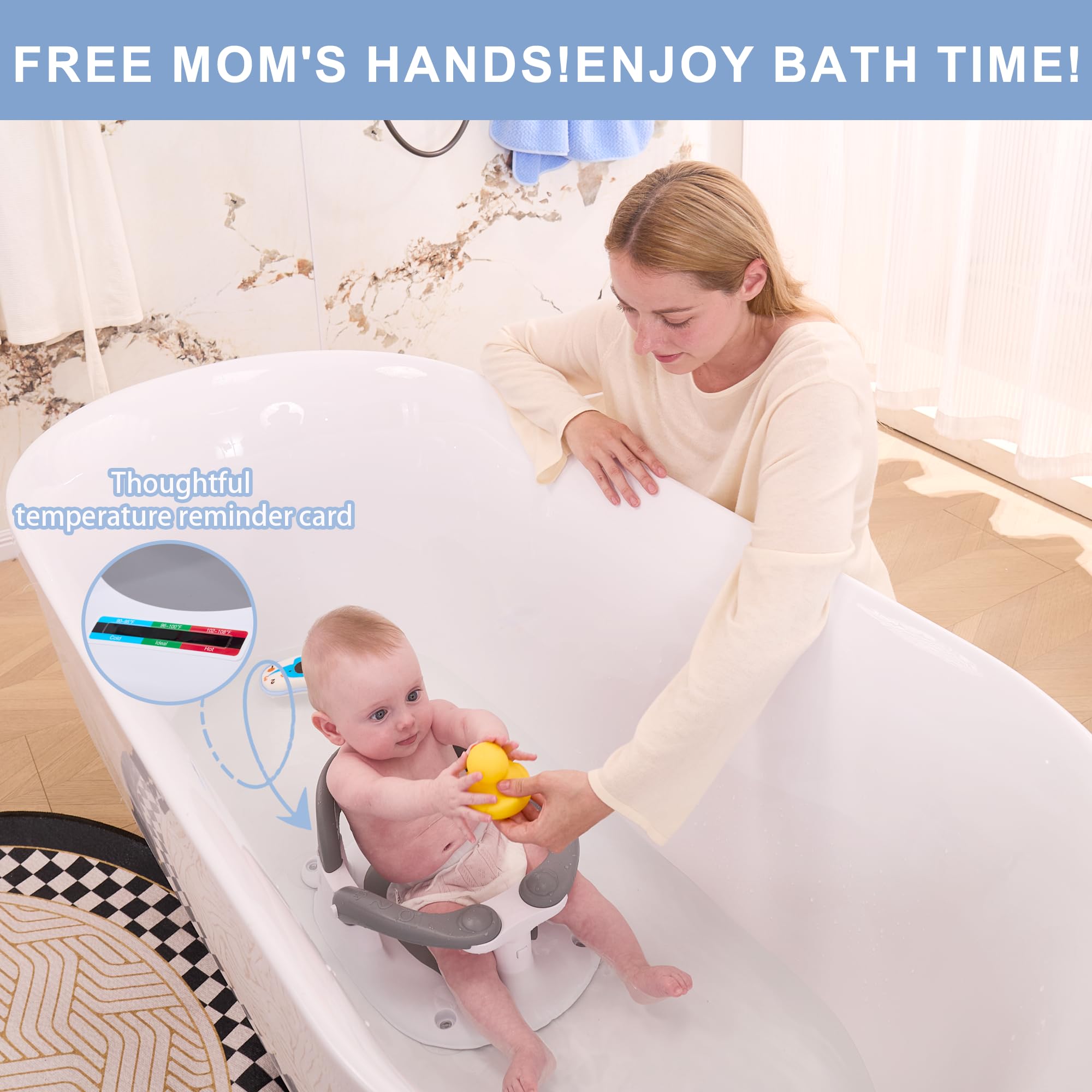 Wddbb bath seat with one-touch armrests enables quick, gentle baby placement.
