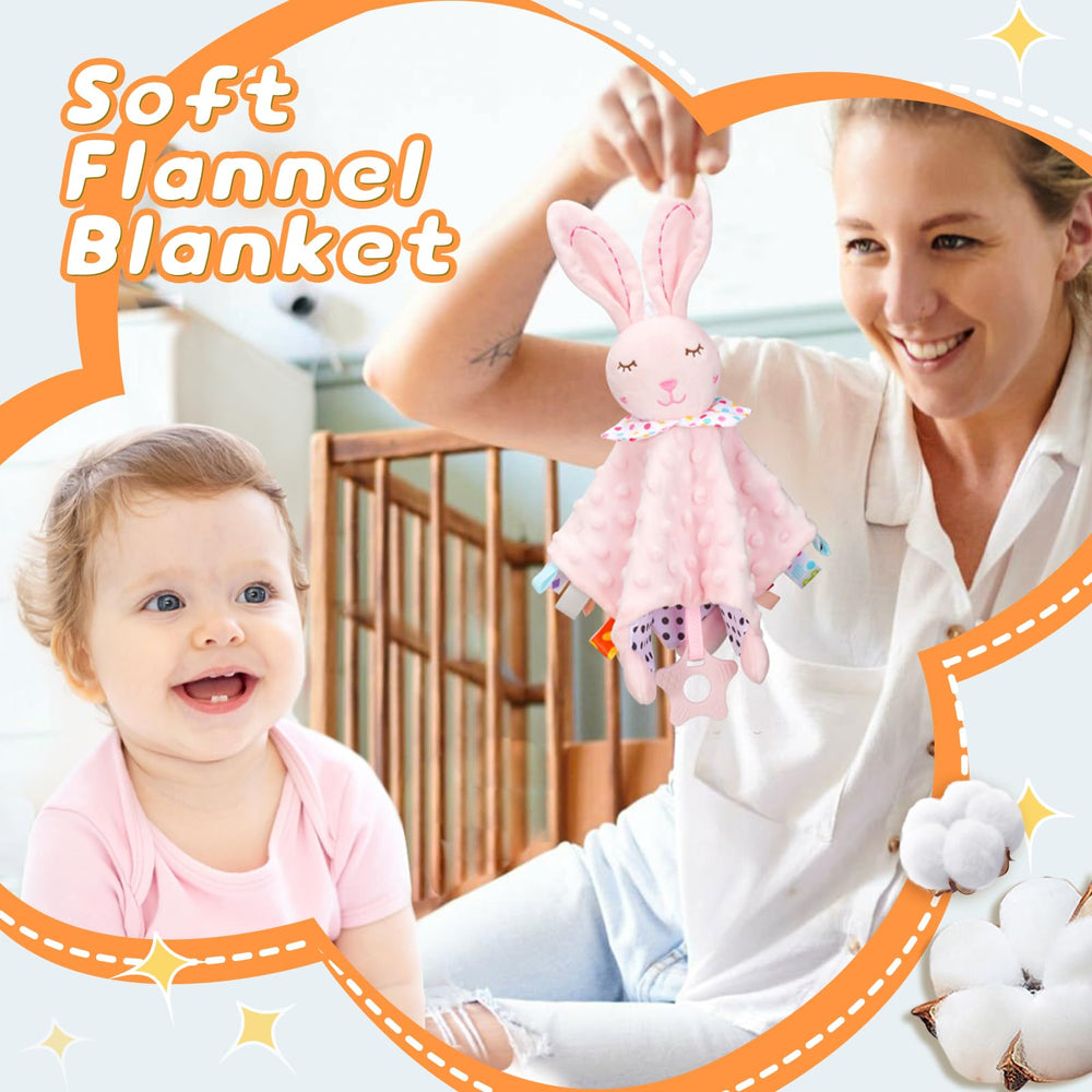 WECOOL rabbit hand puppet with teething features and soothing bell for baby.