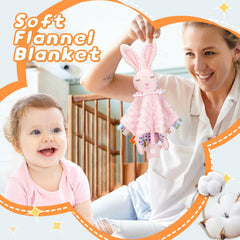 WECOOL rabbit hand puppet with teething features and soothing bell for baby.