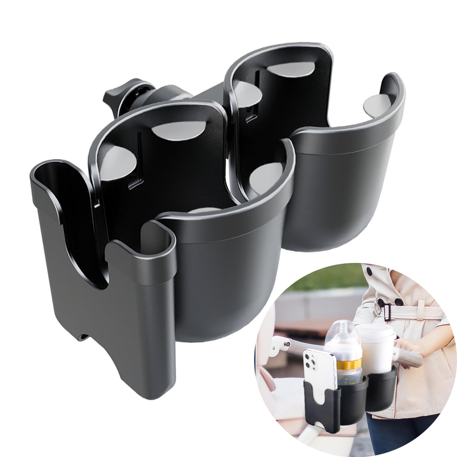 WedFeir 3in1-stroller-cup-holder on handlebar shows easy-reach setup for drinks and phone