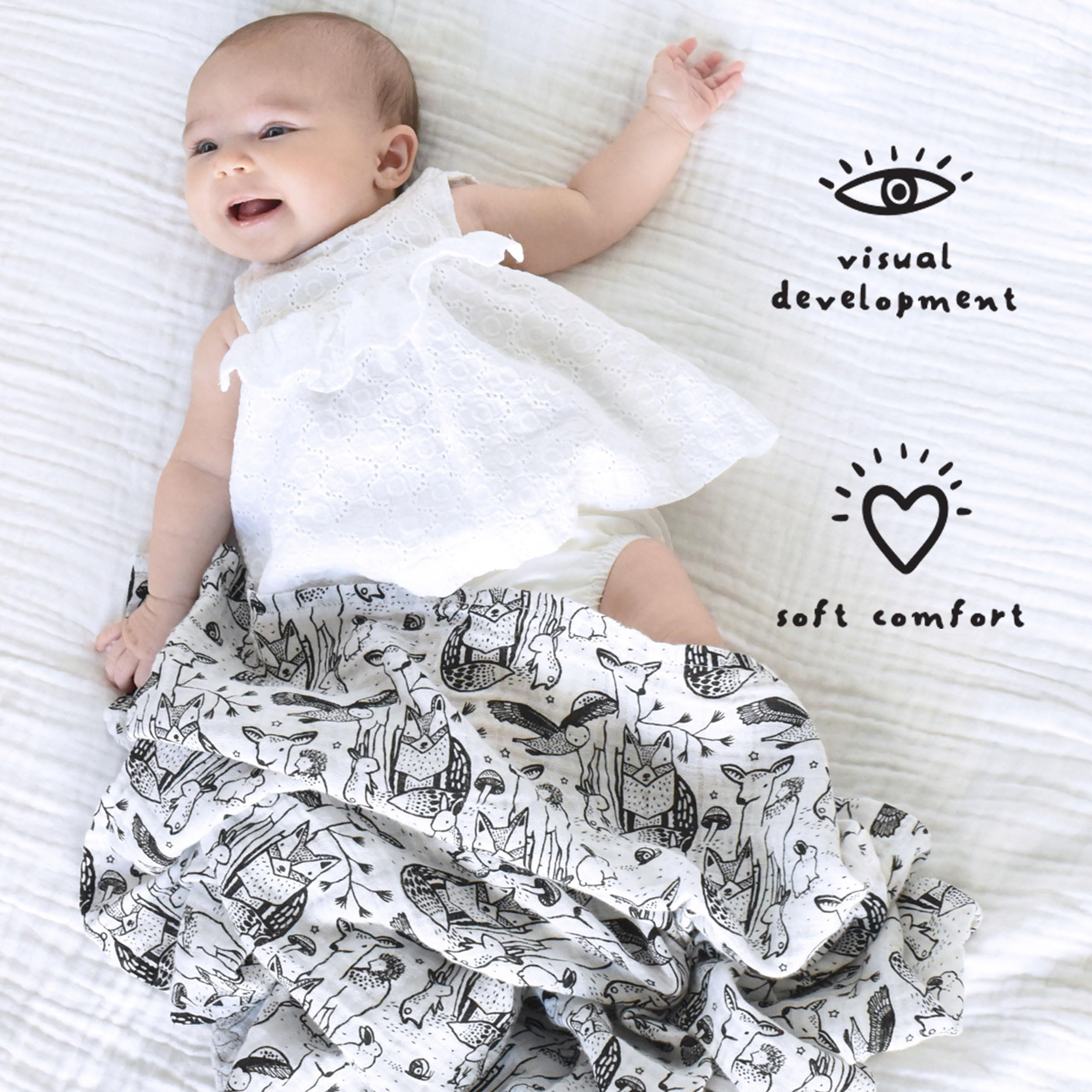 Wee Gallery forest animals swaddle black and white pattern promotes visual focus and stimulation.