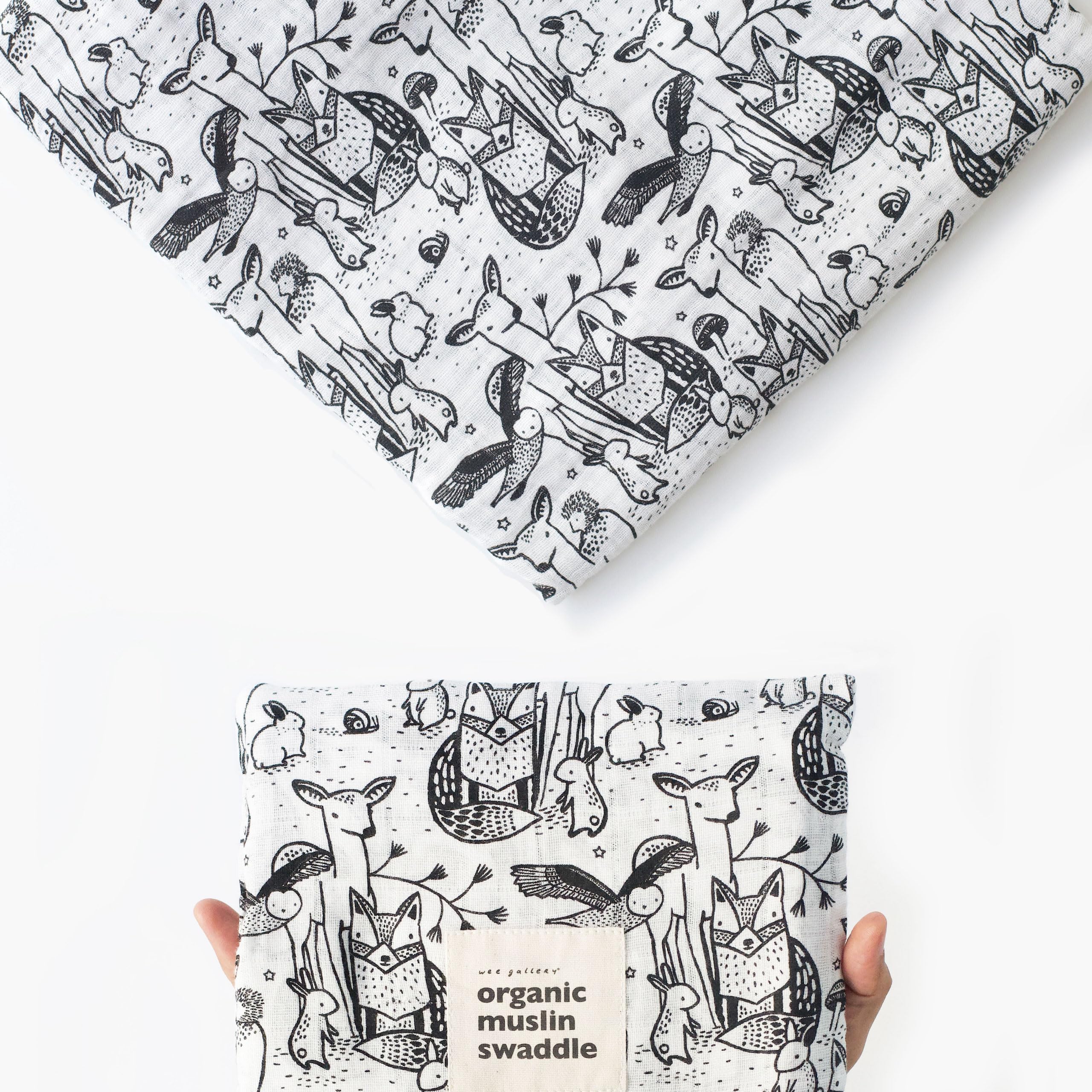 Wee Gallery forest animals swaddle close-up texture, breathable organic cotton for gentle comfort.
