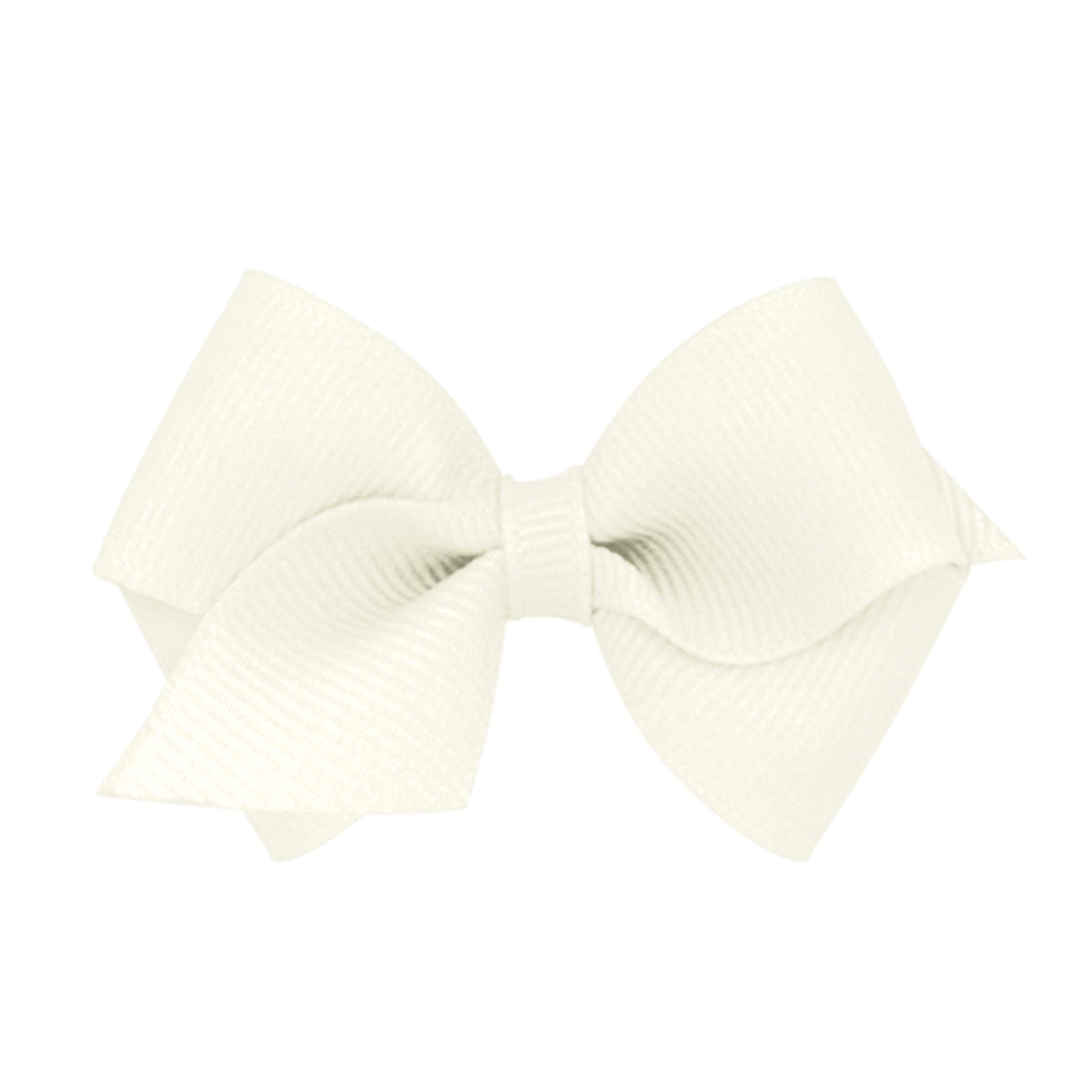 Wee Ones antique white bow closeup on WeeStay clip for secure all-day wear.