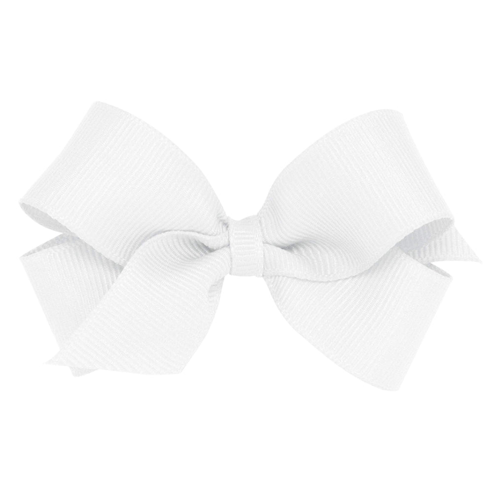 Wee Ones white mini grosgrain bow on WeeStay clip for secure all-day wear.