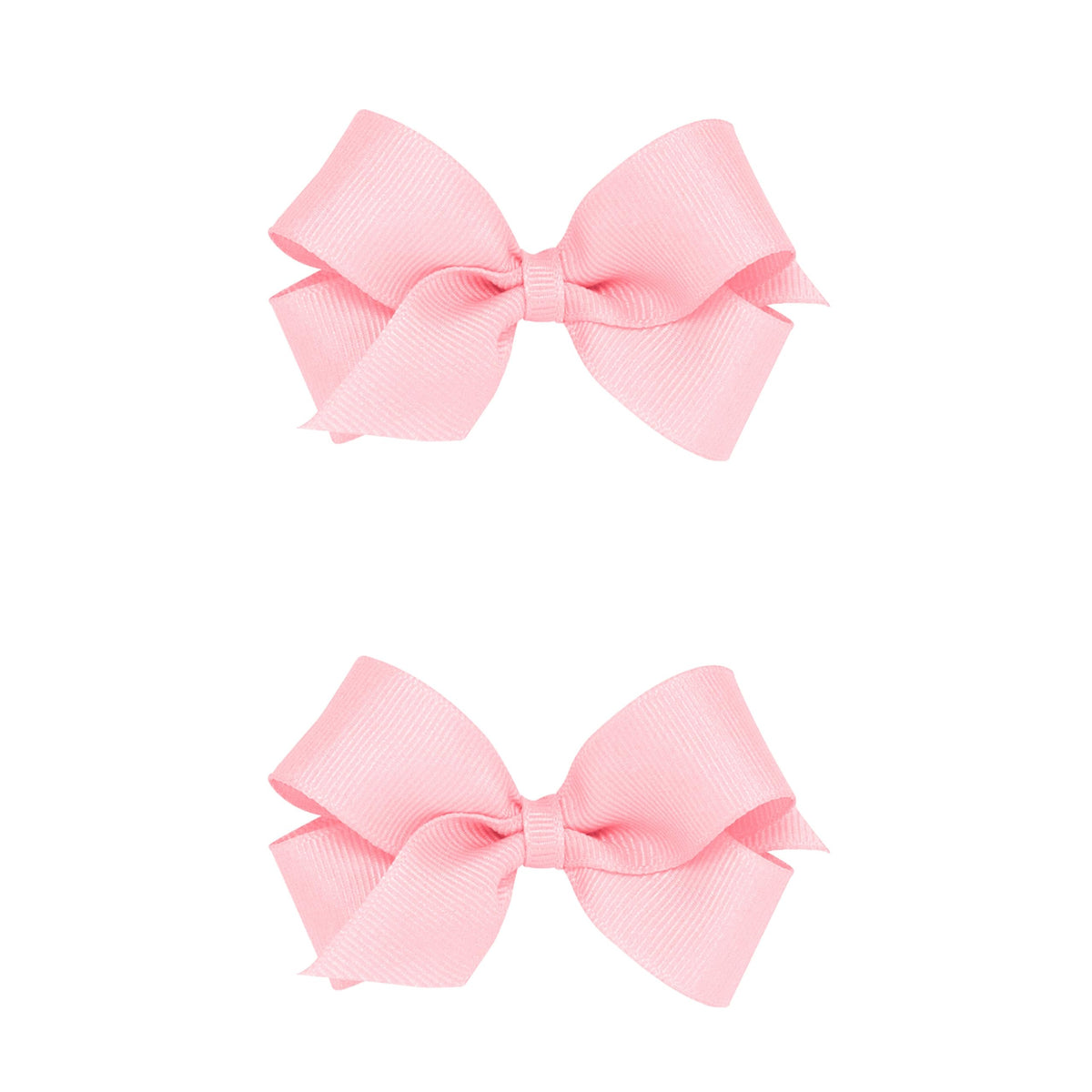 Wee Ones two-pack mini light pink grosgrain bows with a no-slip clip for secure wear.
