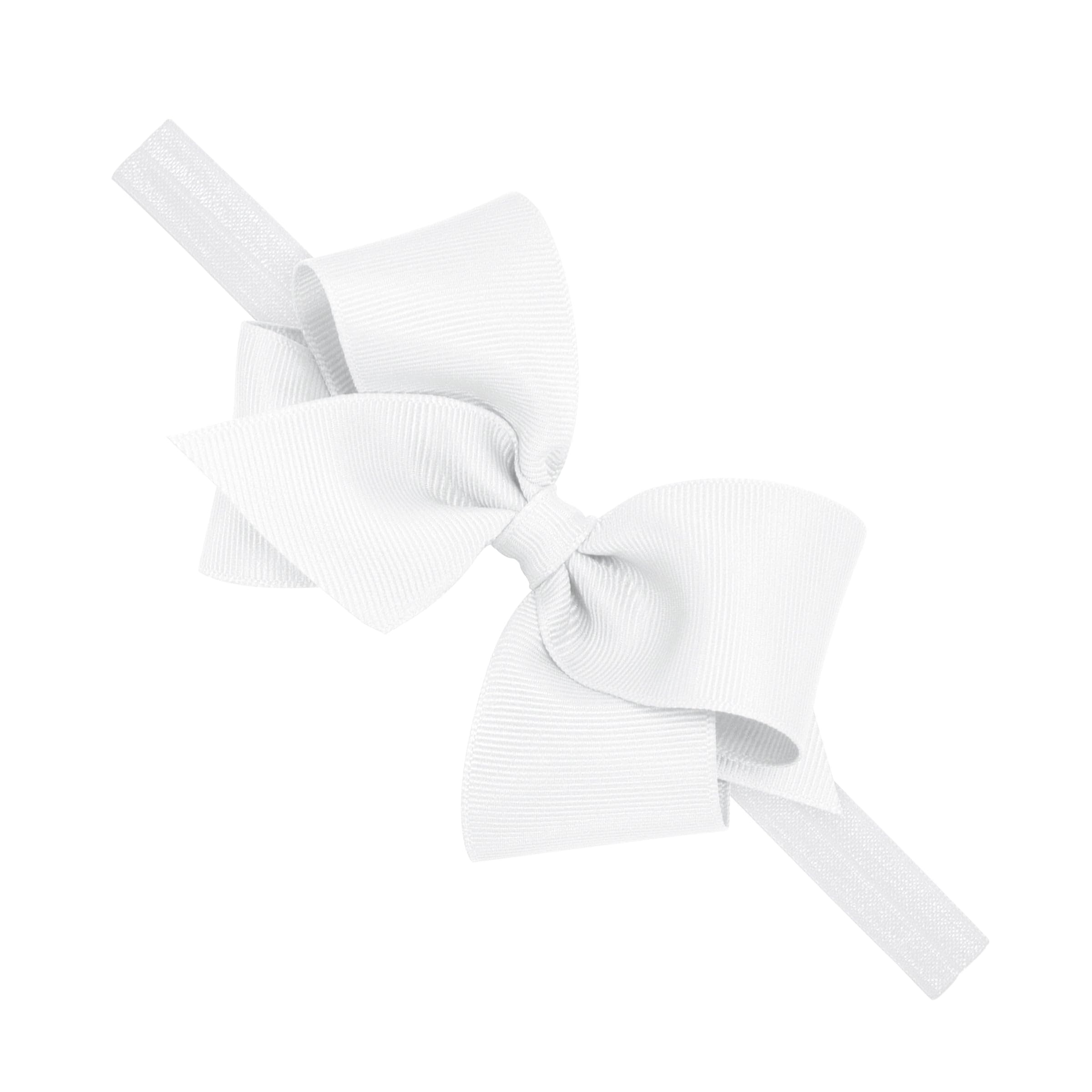 Wee Ones classic grosgrain bow close-up on white baby band, secure and adorable for daily outfits.