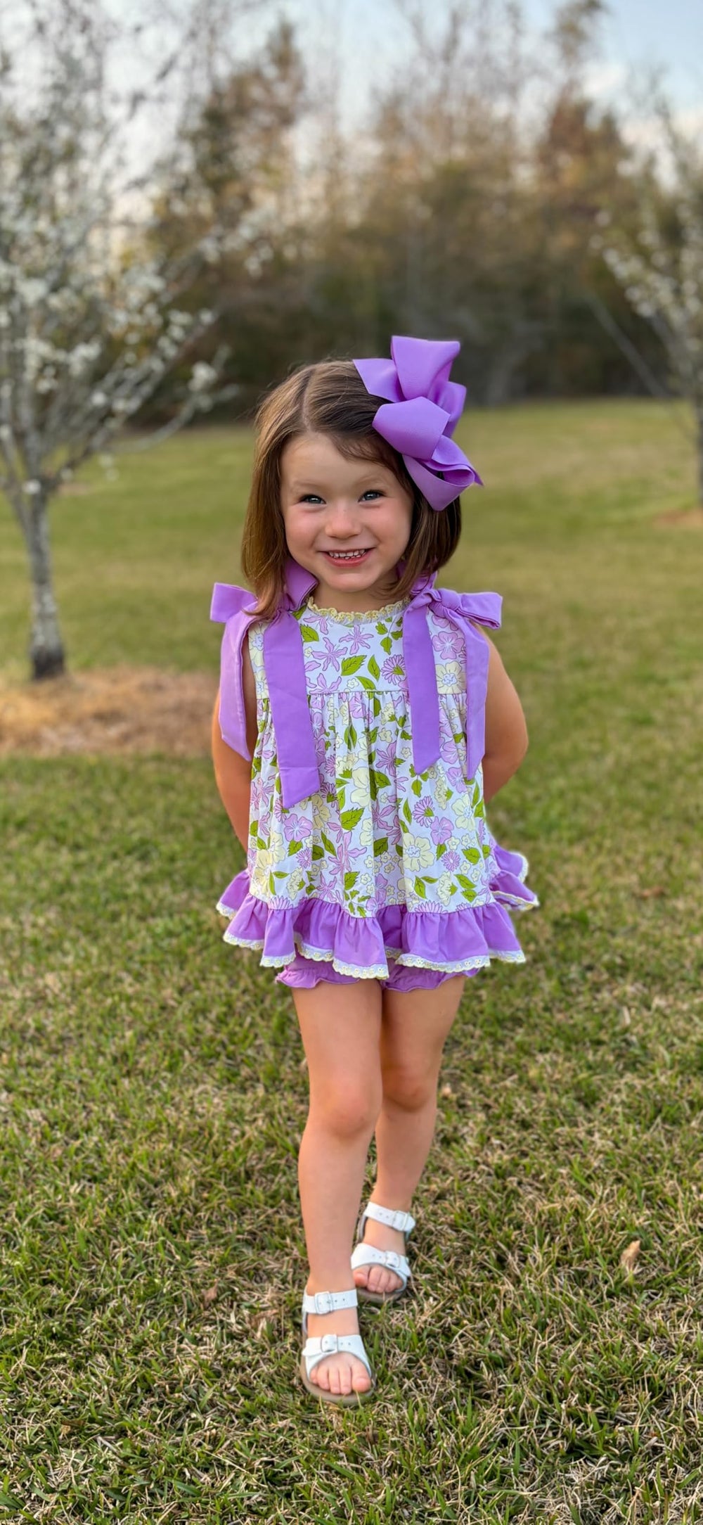 Wee Ones delphinium grosgrain bow pairs easily with pigtails or hats.