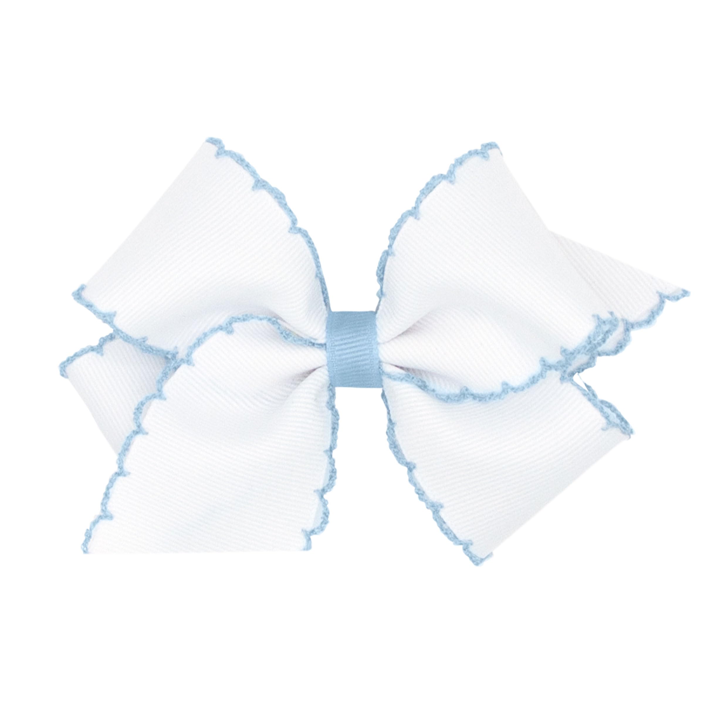Wee Ones Moonstitch edge bow on WeeStay clip in white Millennium Blue, secure all-day wear for outfits.