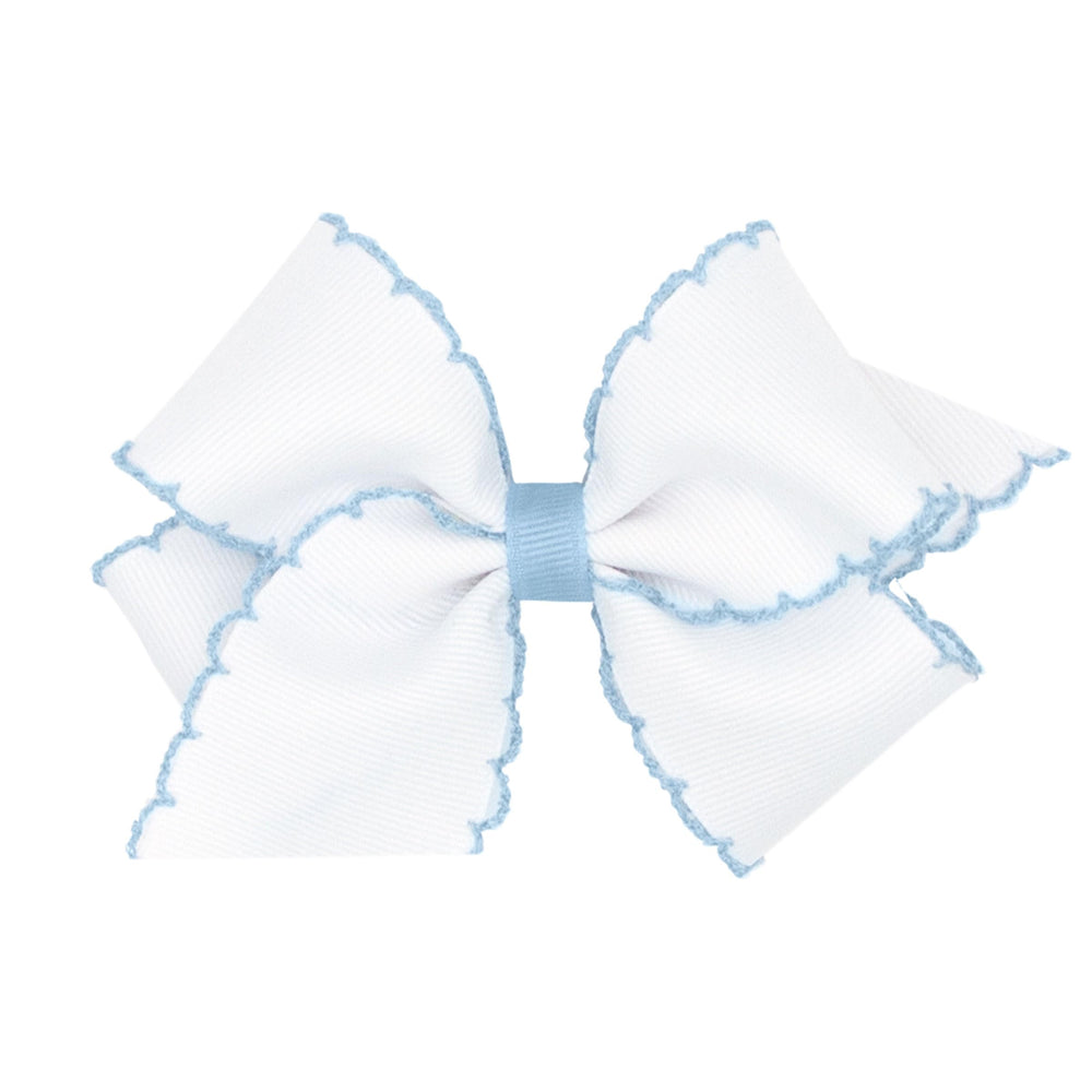 Wee Ones Moonstitch edge bow on WeeStay clip in white Millennium Blue, secure all-day wear for outfits.