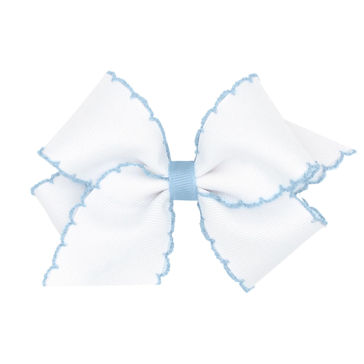 Wee Ones Moonstitch edge bow on WeeStay clip in white Millennium Blue, secure all-day wear for outfits.
