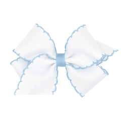 Wee Ones Moonstitch edge bow on WeeStay clip in white Millennium Blue, secure all-day wear for outfits.