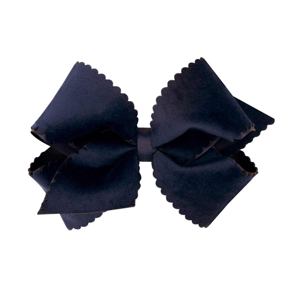 Wee Ones navy grosgrain bow with scalloped velvet overlay for chic school-day outfits.