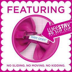 Wee Ones handmade tiny navy bow closeup shows crisp heat-sealed edges and durable detail