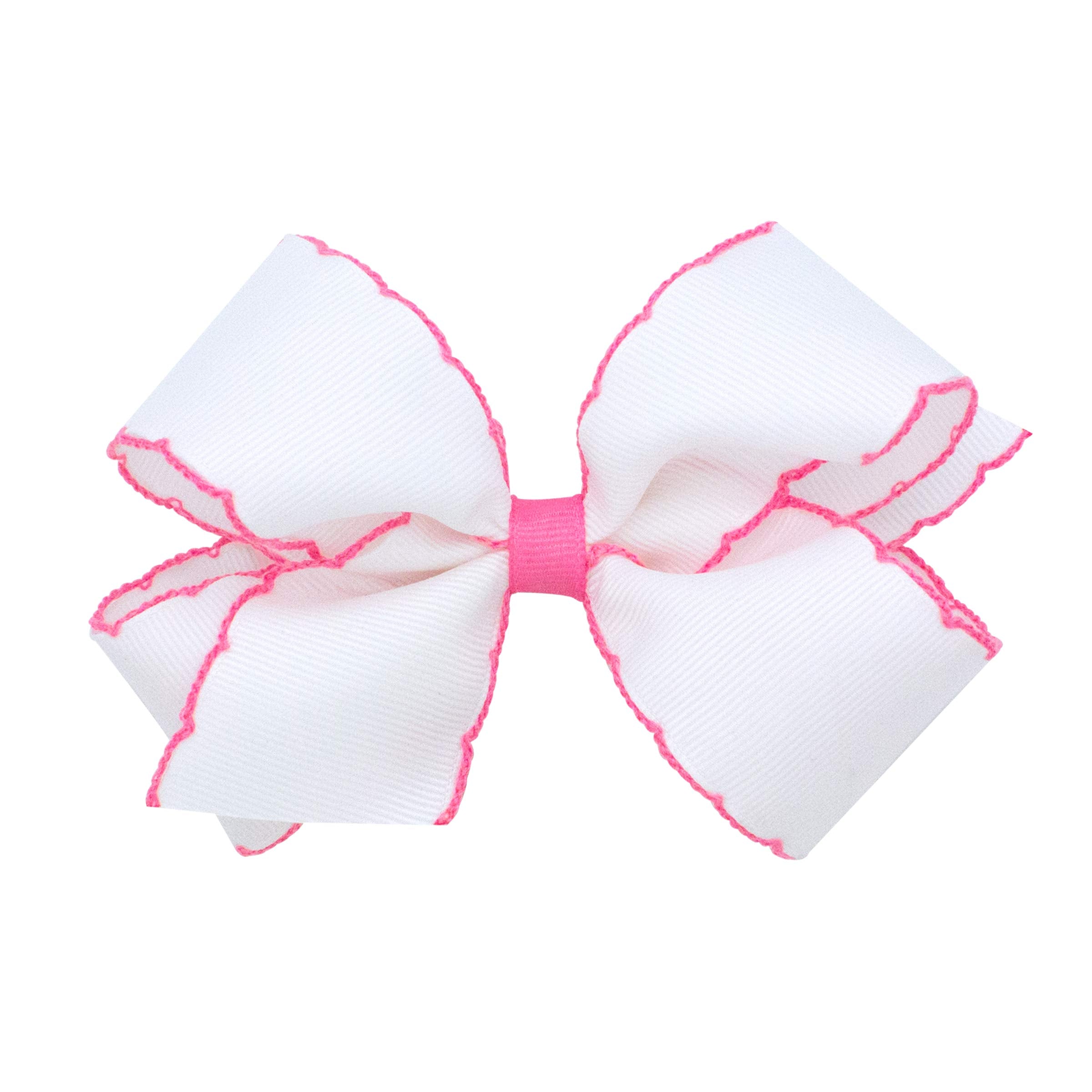 Wee Ones Moonstitch edge bow closeup shows durable grosgrain with white-pink trim